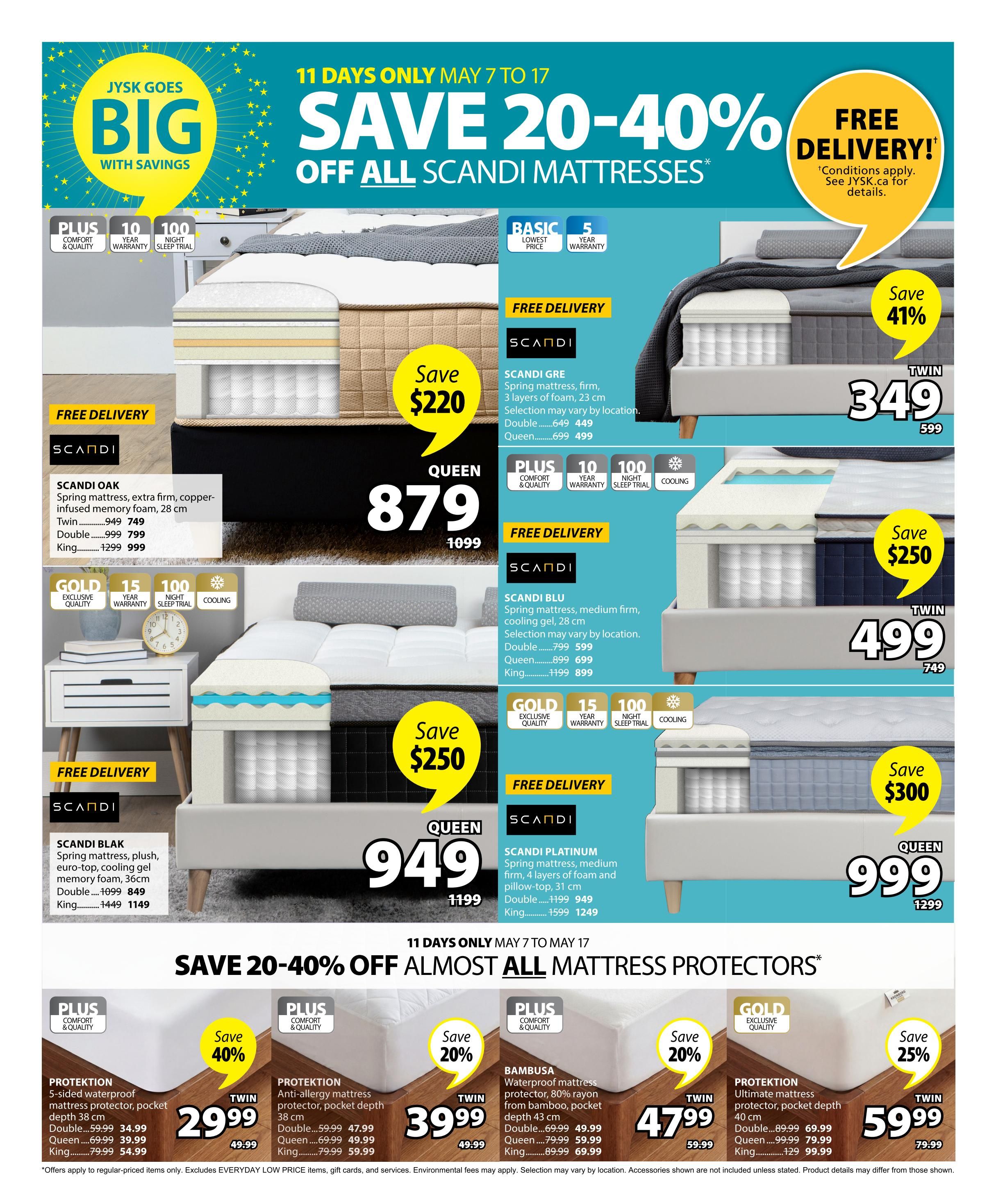 Jysk flyer page 18 featuring 'Save 20-40% Off All Scandi Mattresses' from May 7 to 17. Offers include free delivery on select models. Featured mattresses are Scandi Oak, Scandi Gre, Scandi Blu, and Scandi Platinum. The Scandi Oak mattress is $879 (originally $1099) for Queen size and comes with 15-year warranty and 100-night sleep trial. The Scandi Gre mattress is $349 (originally $599) for Twin size. The Scandi Blu mattress is $499 (originally $749) for Twin size. The Scandi Platinum mattress is $999 (originally $1299) for Queen size and includes free delivery. Also on sale are mattress protectors: 'Save 20-40% Off Almost All Mattress Protectors'. The 'Protection' 5-sided waterproof mattress protector is $29.99 for Double (originally $59.99), $39.99 for Queen (originally $69.99), and $54.99 for King (originally $79.99). The 'Protection' anti-allergy mattress protector is $47.99 for Double (originally $59.99), $49.99 for Queen (originally $69.99), and $59.99 for King (originally $79.99). The 'Bambusa' waterproof mattress protector is $47.99 for Twin (originally $59.99) and $69.99 for Queen (originally $79.99). The 'Protektion' ultimate mattress protector is $69.99 for Double (originally $89.99), $79.99 for Queen (originally $99.99), and $99.99 for King (originally $129.99).
