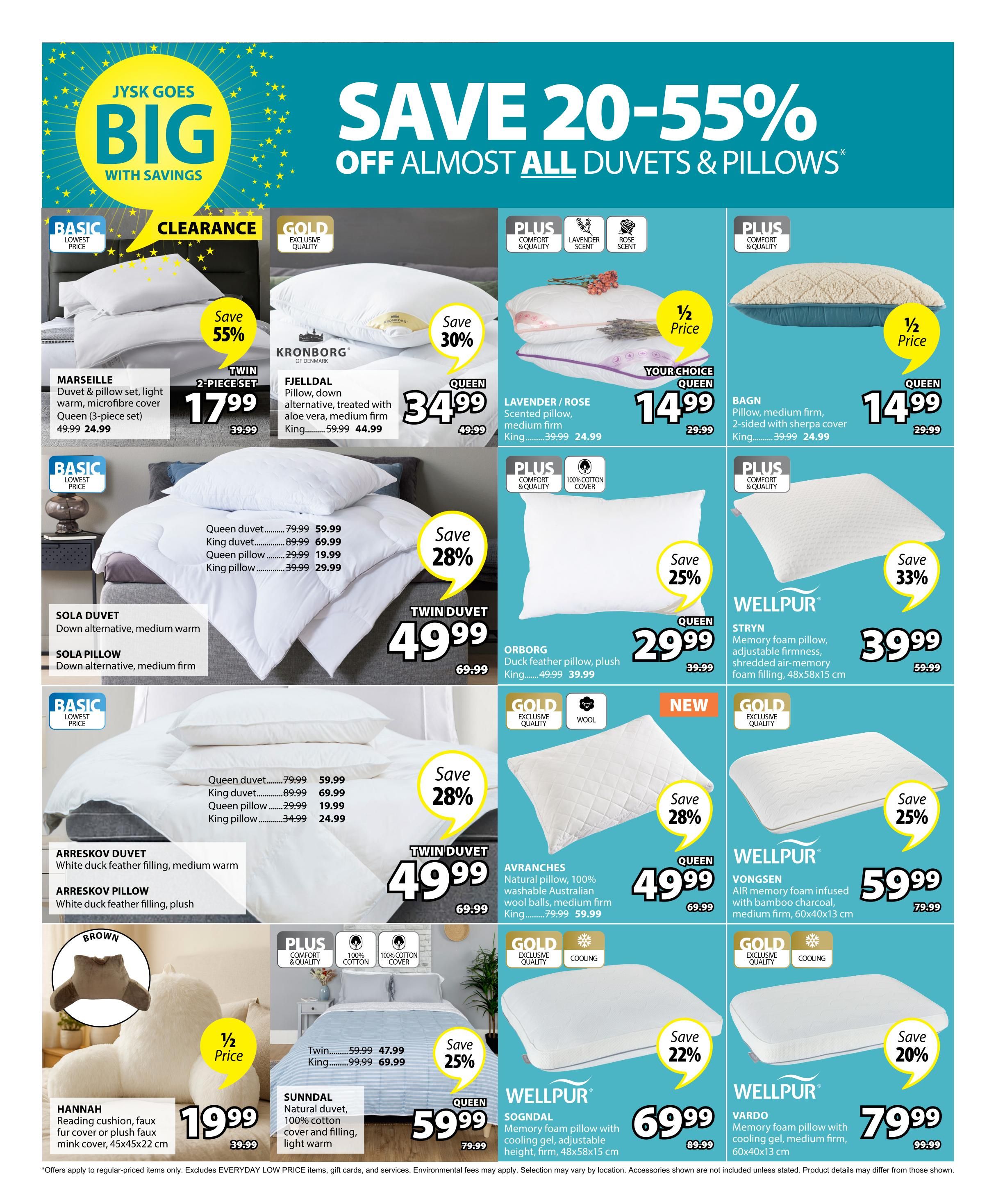 Jysk flyer page 20 features a large 'Save 20-55% Off Almost All Duvets & Pillows' promotion. Featured items include the Marseille Duvet & Pillow set, originally $49.99, now $24.99, with a 55% saving. The Fjell dal Duvet, originally $59.99, is on sale for $44.99, saving 30%. The Lavender/Rose Scented Pillow is $14.99 (originally $29.99), and the Bagn Pillow with sherpa cover is also $14.99 (originally $29.99). The Sola Duvet is $49.99 (originally $59.99) and the Sola Pillow is $29.99 (originally $39.99). The Twin Duvet is $49.99 (originally $69.99). The Orborg Duck Feather Pillow is $29.99 (originally $39.99). The Wellpur Stryn Memory Foam Pillow is $39.99 (originally $59.99), saving 33%. The Arreskov Duvet and Pillow are also featured. The Hannah Reading Cushion is $19.99. The Sunndal Natural Duvet is $59.99 (originally $79.99), saving 25%. The Wellpur Sogndal Memory Foam Pillow is $69.99 (originally $89.99), saving 22%. The Wellpur Vardo Memory Foam Pillow is $79.99 (originally $99.99), saving 20%. Additional savings of 28% are available on various duvets and pillows throughout the page.