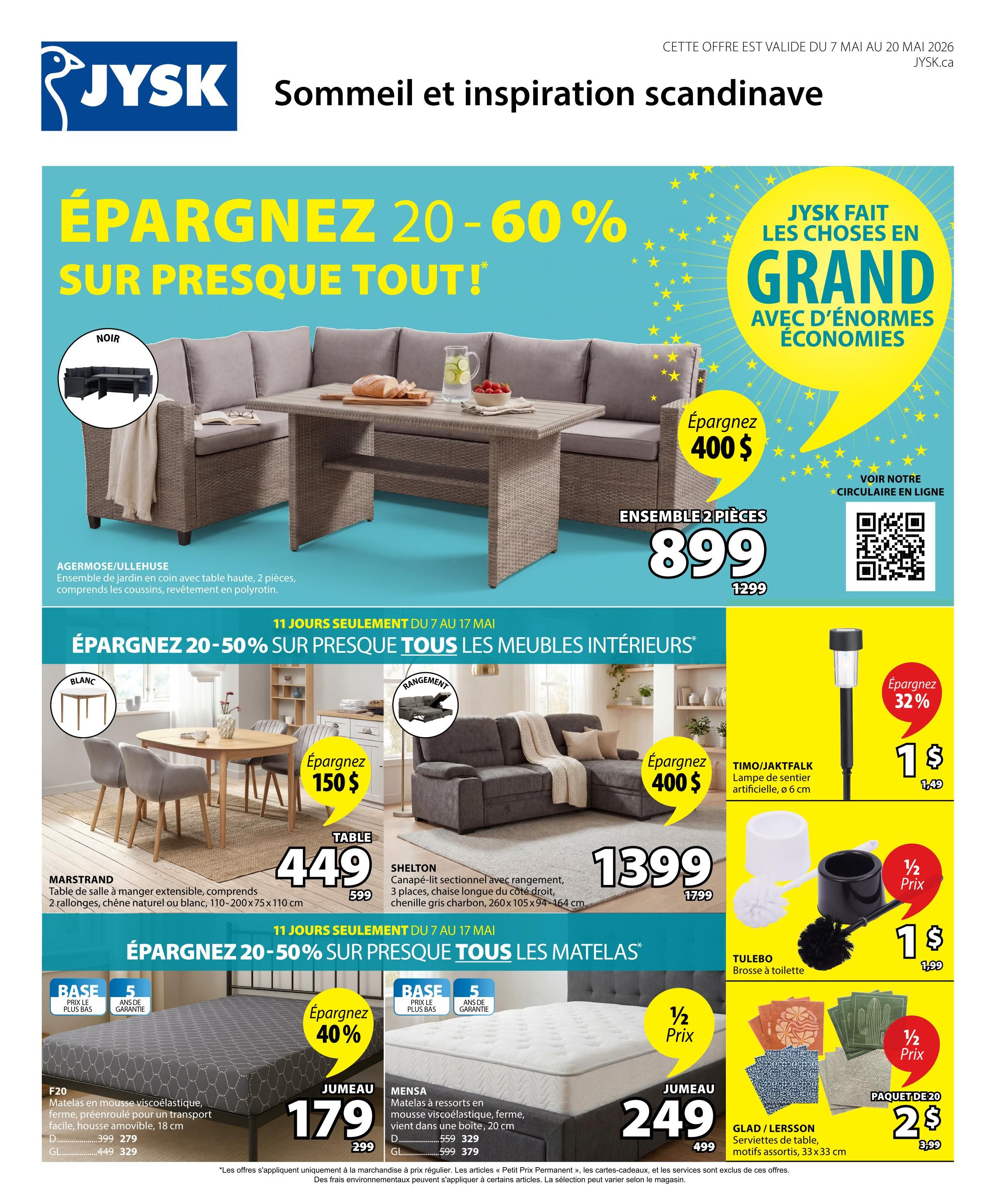 Jysk flyer page 1 features a 'Sleep and Scandinavian Inspiration' theme with savings of 20-60% on almost everything. The top section showcases the AGERMOSE/ULLEHUSE garden set, a 2-piece set with a high table, including cushions made of polyrattan, for $899 (originally $1299). Below, savings of 20-50% on almost all indoor furniture are highlighted. Featured items include the MARSTRAND extendable dining table for $449 (originally $599), and the SHELTON sectional sofa with storage, 3 places, chaise longue on the right, in charcoal grey, for $1399 (originally $1799). Also on sale is the TIMO/JAKTFALK artificial pathway light for $1 (originally $1.49). The bottom section focuses on mattress savings of 20-50%. The F20 viscoelastic foam mattress is $179 (originally $299), and the MENSA pocket spring mattress is $249 (originally $499). Additionally, TULEBO toilet brushes are 1/2 price at $1 (originally $1.99), and GLAD/LERSSON assorted 33x33 cm table napkins are 2 for $2 (originally $3.99).