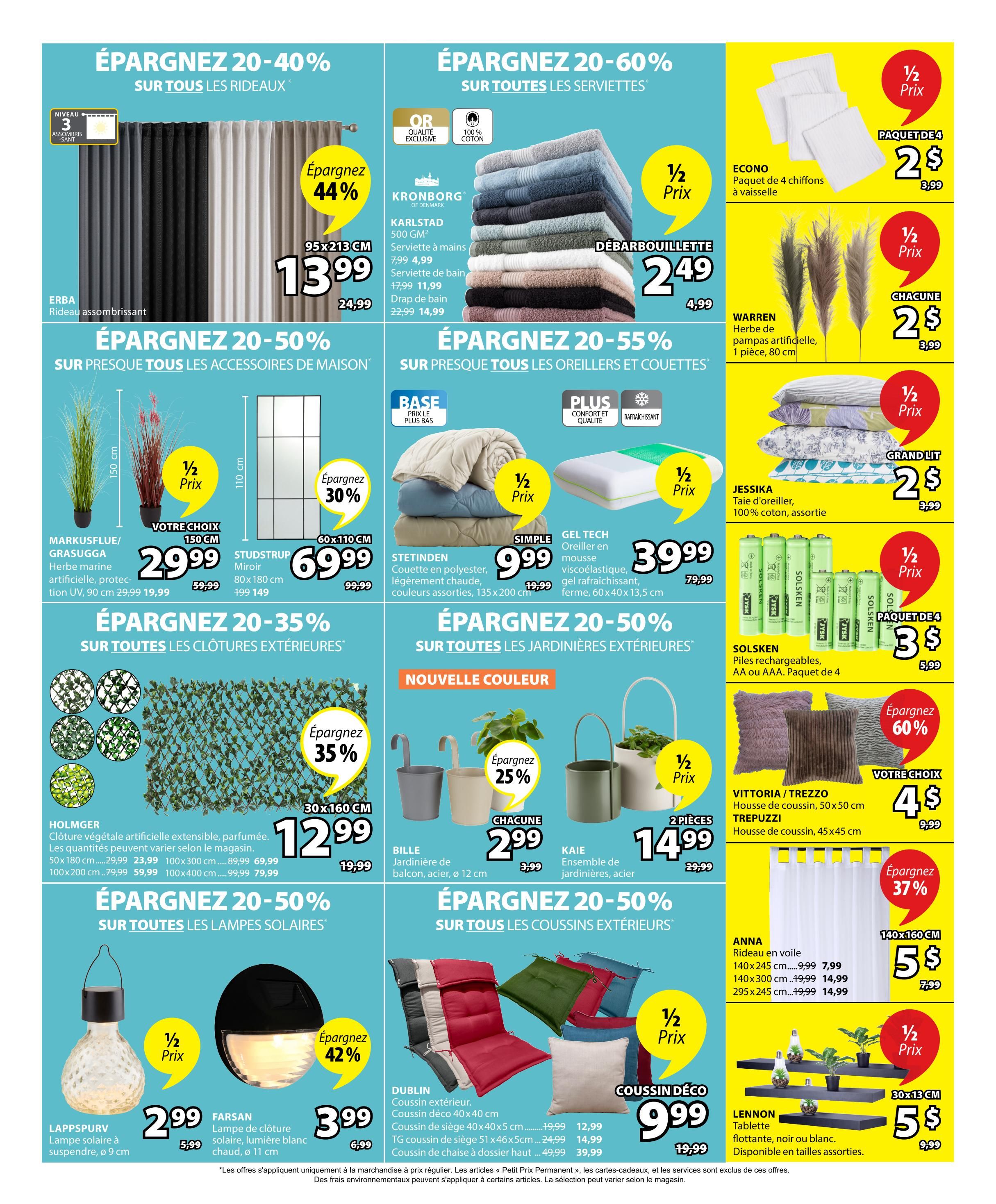 Jysk flyer page 2 features savings on various home goods. Save 44% on ERBA blackout curtains, 95x213 cm, for $13.99 (regularly $24.99). Save 20-60% on KRONBORG bath towels, including Karlstad 500 GSM hand towels for $4.99, bath towels for $11.99, and bath sheets for $14.99. Also, get Débarbouillette towels for $2.49 (regularly $4.99). Save 20-50% on home accessories: MARKUSFLUE/GRASUGGA artificial plants, 150 cm, for $29.99 (regularly $59.99), and STUDSTRUP mirrors, 80x180 cm, for $69.99 (regularly $99.99). Save 50% on STETINDEN polyester duvets, lightweight and available in assorted colours, for $9.99 (regularly $19.99). Get GEL TECH memory foam pillows, cooling and firm, 60x40x13.5 cm, for $39.99 (regularly $79.99). Save 20-35% on outdoor fencing, including HOLMGER extendable artificial ivy fencing, 30x160 cm, for $12.99 (regularly $19.99). Save 20-50% on outdoor planters: BILLE steel planters, 12 cm diameter, for $2.99 each (regularly $3.99), and KAIE steel planter sets for $14.99 (regularly $29.99). Save 20-50% on solar lights: LAPPSPURV solar lantern, 9 cm diameter, for $2.99 (regularly $5.99), and FARSAN solar light, white warm light, 11 cm diameter, for $3.99 (regularly $6.99). Save 37% on ANNA voile curtains, 140x160 cm, for $5 (regularly $7.99). Save 50% on JESSICA cotton pillowcases, assorted colours, for $2 (regularly $3.99). Get SOLSKEN AA or AAA rechargeable batteries, 4-pack, for $3 (regularly $5.99). Save 60% on VITTORIA/TREZZO and TREPUZZI cushion covers, 50x50 cm or 45x45 cm, for $4 (regularly $9.99). Save 50% on DUBLIN outdoor cushions, 40x40 cm, for $9.99 (regularly $19.99). LENNON floating shelves, available in assorted sizes and colours, are $5 (regularly $9.99).