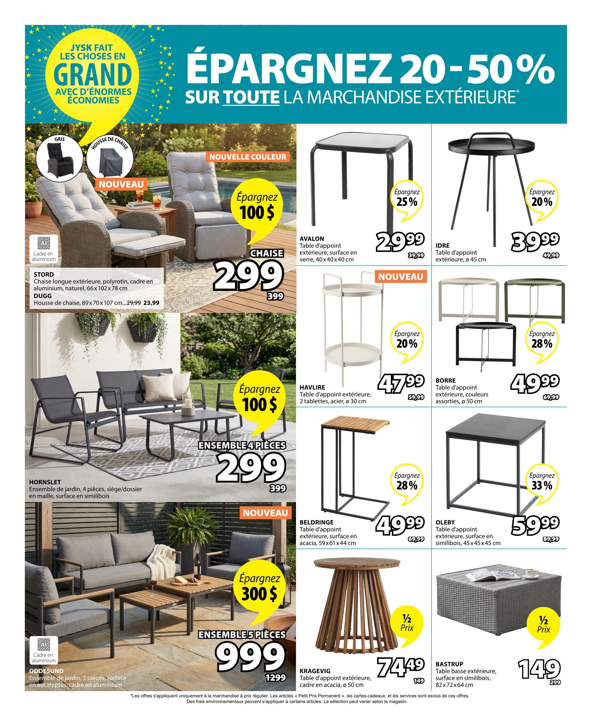Jysk flyer page 4 features outdoor furniture savings of 20-50%. Highlights include a new colour recliner chair for $299 (save $100), and a 4-piece HORNNSLET garden set with aluminum frame and simwood surface for $299 (save $100). The 5-piece ODDSUND garden set with eucalyptus surface and aluminum frame is $999 (save $300). Also featured are the AVALON outdoor side table for $29.99 (save 25%), IDRE outdoor side table for $39.99 (save 20%), HAVLIRE 2-tier outdoor table for $47.99 (save 20%), BORRE outdoor table in assorted colours for $49.99 (save 28%), BELDRINGE outdoor table for $49.99 (save 28%), OLEBY outdoor table for $59.99 (save 33%), KRAGEVIG outdoor side table for $74.49 (half price), and BASTURUP outdoor coffee table for $149 (half price).