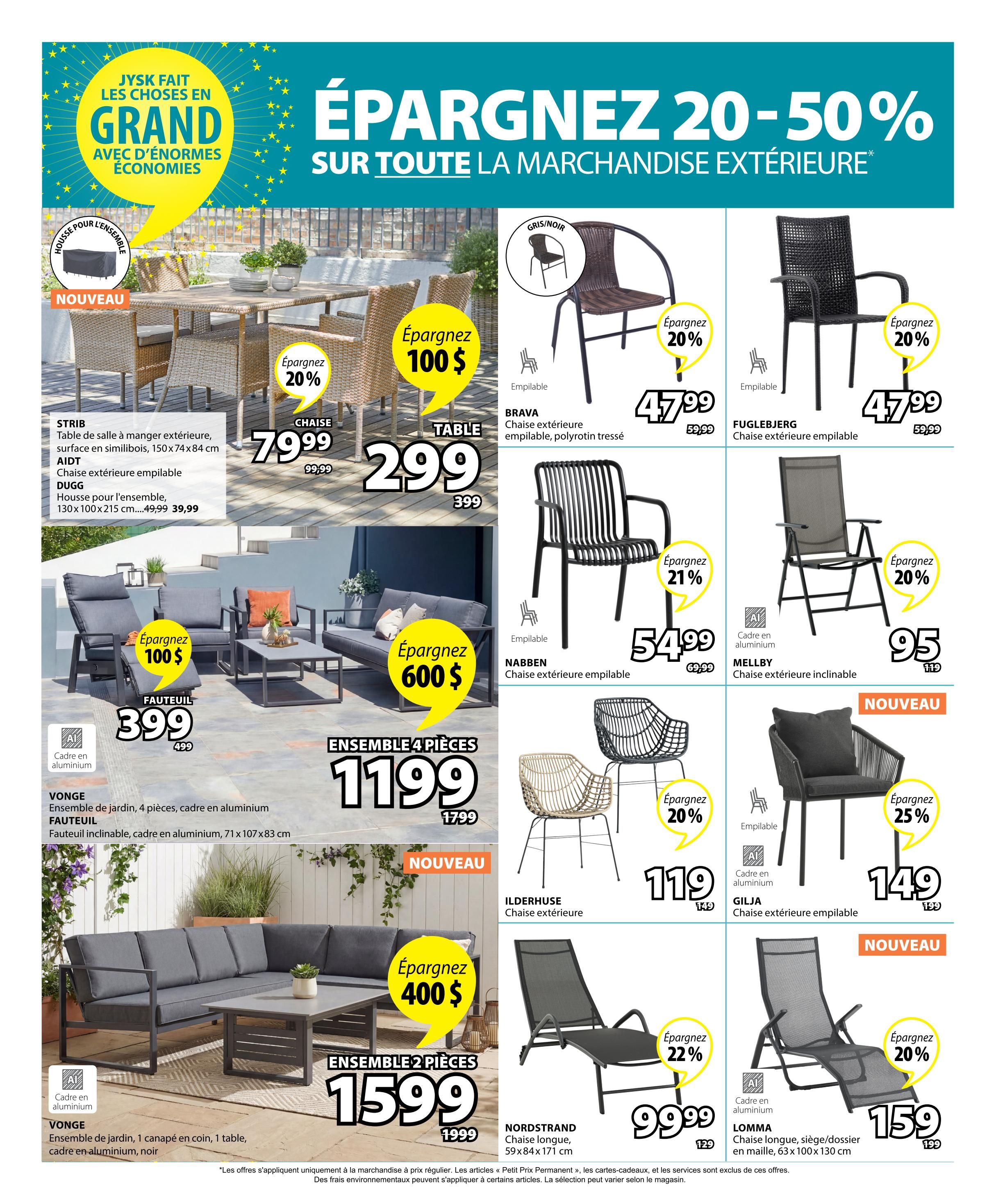 Jysk flyer page 5 features a 'Grand Savings on All Outdoor Merchandise' sale with discounts up to 20-50%. Featured items include the STRIB outdoor dining table for $79.99 (save $20) and the DUGO chair for $29.99. A protective cover for the ensemble is available for $39.99. The FAUTEUIL armchair is on sale for $399 (save $100). The VONGE 4-piece garden set with an aluminum frame is $1199, and the VONGE 2-piece corner sofa set with a table and aluminum frame is $1599 (save $400). Outdoor chairs like the BRAVA chair are $47.99 (save 20%), the FUGLBJER chair is $47.99 (save 20%), the NABBEN chair is $54.99 (save 21%), the MELLBY chair is $95 (save $24), the GILJA chair is $149 (save 25%), the ILDERHUSE chair is $119 (save $30), the NORDSTRAND lounge chair is $99.99 (save 22%), and the LOMMA lounge chair/sun lounger is $159 (save 20%).