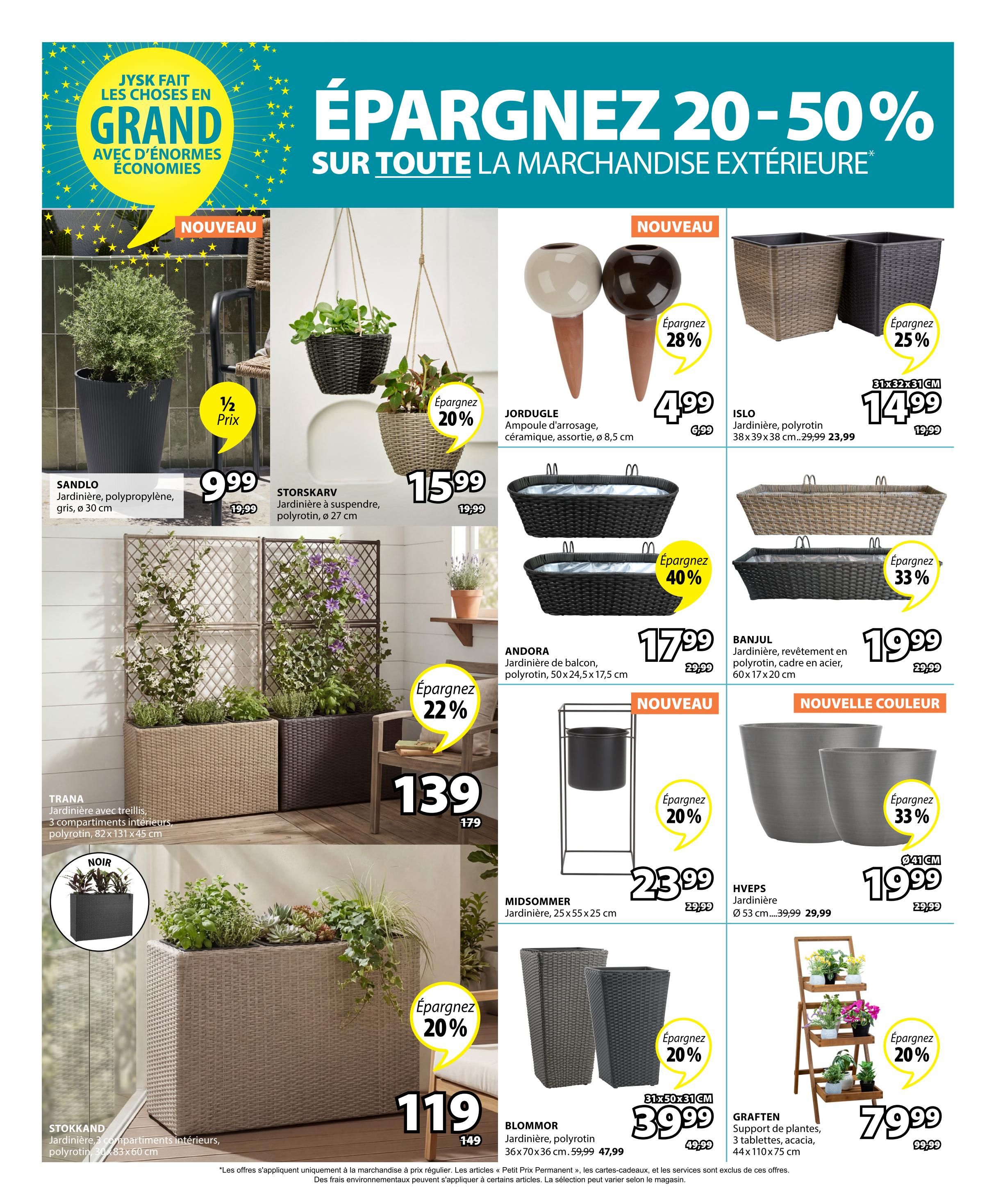 Jysk flyer page 8 features a large 'Save 20-50% on all outdoor merchandise' headline. Featured products include the SANDLO planter for $9.99 (half price), STORSKARV hanging planter for $15.99 (save 20%), JORDUGLE watering ampoule for $4.99 (save 28%), ISLO planter for $14.99 (save 25%), ANDORA balcony planter for $17.99 (save 40%), BANJUL planter with frame for $19.99 (save 33%), TRANA planter with trellis for $139 (save 22%), MIDSOMMER planter for $23.99 (save 20%), BLOMMOR planter for $39.99 (save 20%), HVPS planter for $19.99 (save 33%), STOKKAND planter for $119 (save 20%), and GRAFTEN plant stand for $79.99 (save 20%).