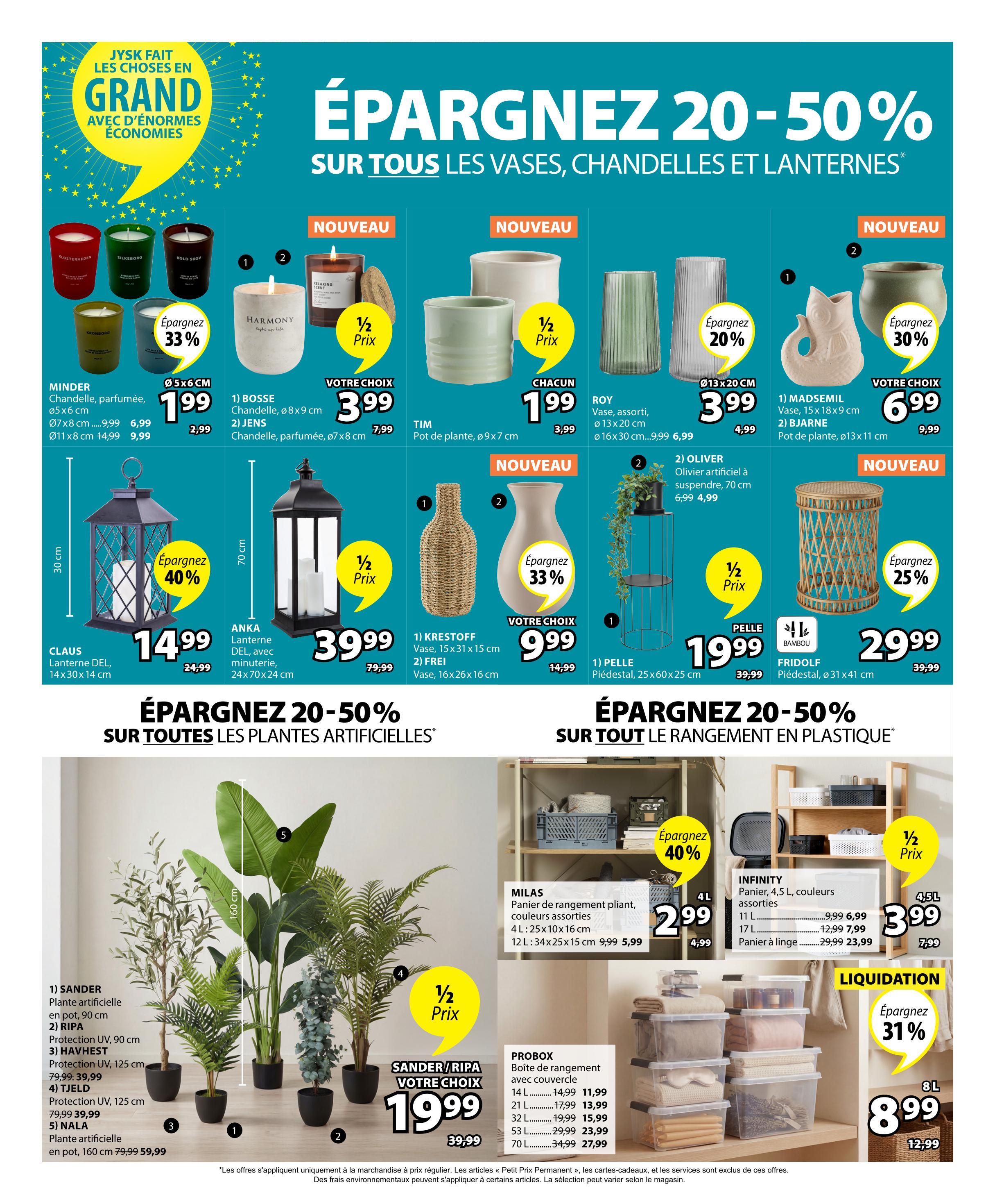 Jysk flyer page 10 featuring savings of 20-50% on vases, candles, and lanterns. Pictured are Minder scented candles at $1.99 (originally $2.99), Bosse and Jens candles for $3.99 (originally $7.99), and Tim plant pots for $1.99 (originally $3.99). Also available are Roy assorted vases for $3.99 (originally $4.99), Madsemil vase for $6.99 (originally $9.99), and Bjarne plant pot for $6.99 (originally $9.99). Large Claus DEL lanterns are $14.99 (originally $24.99), and Anka DEL lanterns are $39.99 (originally $79.99). Krestoff and Frei vases are $9.99 (originally $14.99). Oliver artificial hanging plant is $4.99 (originally $6.99). Pelle pedestals are $19.99 (originally $39.99) and Fridoff pedestals are $29.99 (originally $39.99). The flyer also highlights 20-50% off artificial plants, including Sander/Ripa artificial plants for $19.99 (originally $39.99), and Nala artificial plant for $59.99 (originally $79.99). Storage solutions are also on sale: Milas folding storage baskets are $2.99 (originally $4.99), Probox storage boxes with lids range from $11.99 to $27.99, and Infinity storage baskets are $3.99 (originally $7.99). A liquidation special offers an 8L storage box for $8.99 (originally $12.99).