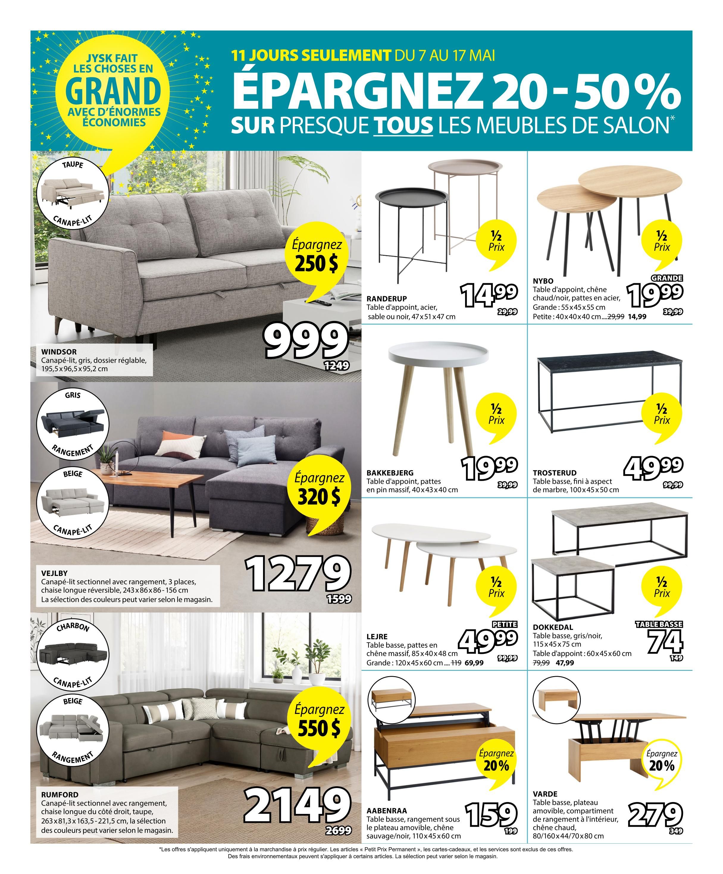 Jysk flyer page 11 features a 20-50% savings event on living room furniture. Featured items include the WINDSOR sofa bed in taupe for $999 (originally $1249), saving $250. The VEJLBY sectional sofa with storage in grey is $1279 (originally $1599), saving $320. The RUMFORD sectional sofa with storage in taupe is $2149 (originally $2699), saving $550. Accent tables on sale include the RANDERUP side table in steel, available in sand or black, for $14.99 (originally $29.99). The NYBO accent table set in oak is $19.99 for the small size (originally $29.99) and $14.99 for the petite size (originally $29.99). The BAKKEBJERG accent table in solid pine is $19.99 (originally $39.99). The TROSTERUD coffee table with marble finish is $49.99 (originally $99.99). The LEJRE coffee table with oak veneer is $49.99 for the petite size (originally $99.99) and $69.99 for the large size (originally $119.99). The DOKKEDAL coffee table in grey/black is $74 (originally $149). The AABENRAA storage coffee table with lift-top in oak is $159 (originally $199), with a 20% saving. The VARDE coffee table with removable tray and storage is $279 (originally $349), with a 20% saving.