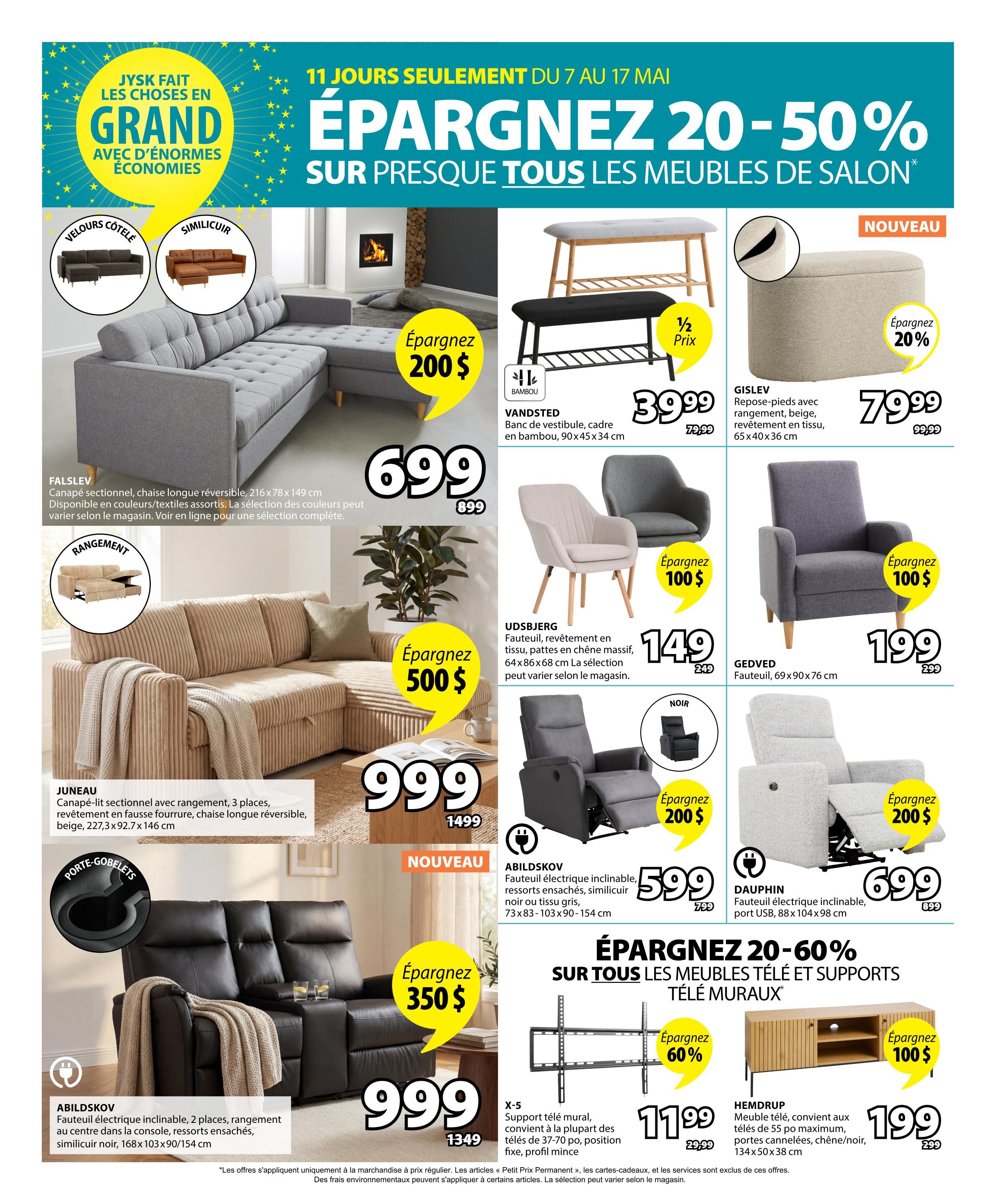 Jysk flyer page 12 features a 'Save 20-50% on almost all living room furniture' sale. Featured items include the FALSLEV sectional sofa in grey fabric for $699 (save $200), the JUNEAU sectional sofa bed in beige corduroy for $500 off, priced at $999, and the ABILDSKOV 2-seater reclining sofa in black faux leather for $999 (save $350). Other living room furniture on sale includes the VANDSTED bench for $39.99 (half price), the GISLEV storage ottoman for $79.99 (save 20%), the UDSBJERg armchair for $149 (save $100), the GEDVED armchair for $199 (save $100), the ABILDSKOV 2-seater electric reclining sofa for $599 (save $200), and the DAUPHIN electric reclining armchair for $699 (save $200). Additionally, save 20-60% on TV stands and wall mounts, with the HEMDRUP TV stand available for $199 (save $100) and the X-5 wall mount for $11.99 (save 60%).