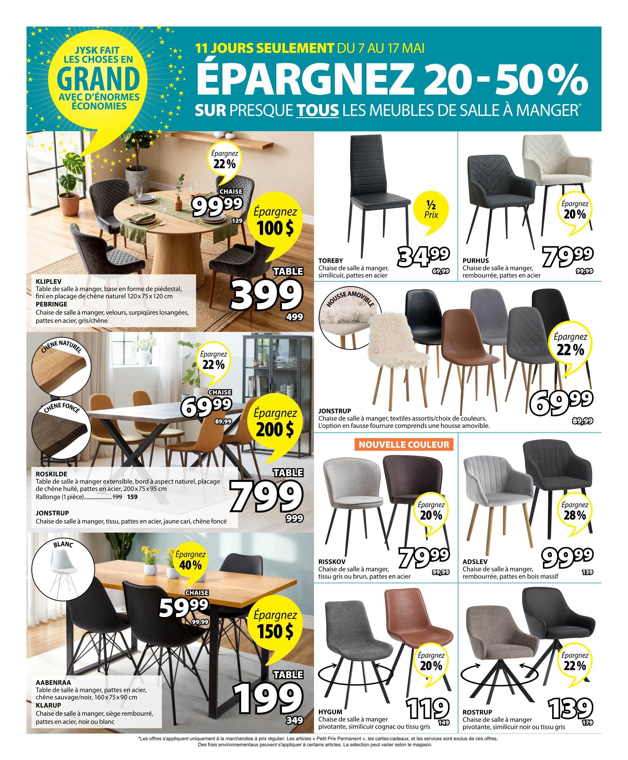 Jysk flyer page 13 features savings of 20-50% on dining room furniture. Featured items include the KLIPLEV dining table for $399 (originally $499) and matching chairs for $99.99, saving $100. The TOREBY dining chair is on sale for $34.99 (half price). PURHUS dining chairs are $79.99, saving 20%. The ROSKILDE extendable dining table is $799 (originally $999), and the JONSTRUP dining chairs are $69.99, saving $200. The AABENRAA dining table is $199 (originally $349), with KLARUP dining chairs available for $59.99, saving 40%. Also featured are RISSKOV dining chairs for $79.99, saving 20%; ADSLEV upholstered dining chairs for $99.99, saving 28%; HYGUM dining chairs for $119, saving 20%; and ROSTRUP swivel dining chairs for $139, saving 22%.