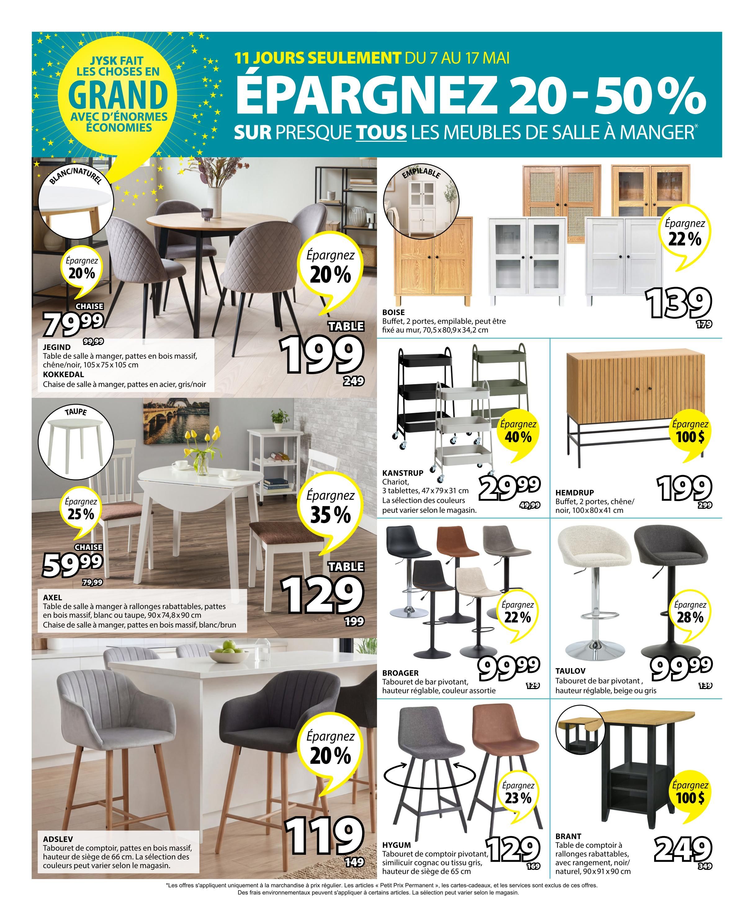 Jysk flyer page 14 features savings of 20-50% on dining room furniture. Highlights include the Jegind dining table for $79.99 (20% off) and Kokkedal chairs for $79.99. The Axel extendable dining table is $129 (35% off) with matching chairs at $59.99 (25% off). Storage options include the Boise buffet at $139 (22% off), Hemdrup buffet for $199 (save $100), and Brant counter table for $249 (save $100). Serving carts are on sale, with the KANSTRUP 3-shelf cart at $29.99 (40% off). Bar stools are also featured: BROAGER bar stool for $99.99 (22% off), TAULOV bar stool for $99.99 (28% off), and HYGUM counter stool for $129 (23% off). The ADSLEV counter stool is $119 (20% off).