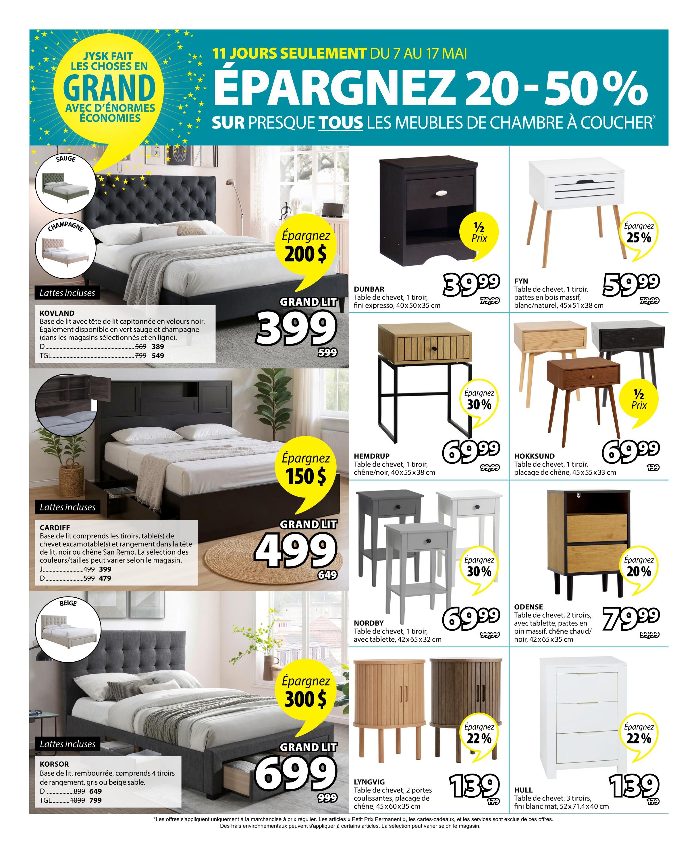 Jysk flyer page 15 features savings of 20-50% on bedroom furniture. The KOVLAND Grand Lit is on sale for $399 (regularly $599), available in grey, sage, or champagne. The CARDIFF Grand Lit with drawers and San Remo oak finish is $499 (regularly $649). The KORSOR Grand Lit with 4 storage drawers in grey or beige is $699 (regularly $999). Nightstands on sale include the DUNBAR 1-drawer espresso finish for $39.99 (regularly $79.99), FYN 1-drawer white with natural wood legs for $59.99 (regularly $79.99), HEMDRUP 1-drawer in black/oak for $69.99 (regularly $99.99), HOKKSUND 1-drawer in oak veneer for $69.99 (regularly $139), NORDBY 1-drawer with shelf in grey or white for $69.99 (regularly $99.99), ODENSE 2-drawer with shelf in natural/black for $79.99 (regularly $99.99), LYNKVIG 2-door cabinet in oak veneer for $139 (regularly $179), and HULL 3-drawer white cabinet for $139 (regularly $179).