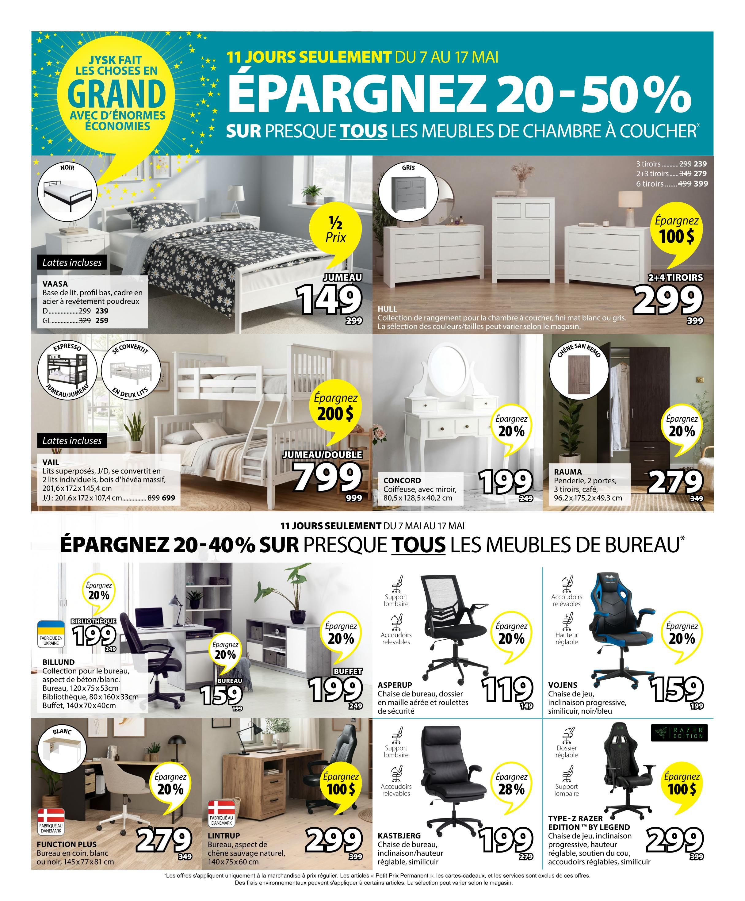 Jysk flyer page 16 features a '2 Weeks of Savings' event with 20-50% off on bedroom and office furniture. Highlights include the VAASA bed frame at $149 (originally $299), the VAIL bunk bed at $799 (originally $999), and the CONCORD vanity with mirror for $199 (originally $249). Also featured are the HULL storage collection starting at $239 and the RAUMA 2-door wardrobe at $279 (originally $349). The flyer also showcases office furniture with savings of 20-40%. Items include the BILLUND collection starting at $199, the FUNCTION PLUS corner desk for $279 (originally $349), and the LINTRUP desk at $299 (originally $399). Office chairs on sale include the ASPERUP mesh chair for $119 (originally $149), the VOJENS gaming chair for $159 (originally $199), and the TYPE-Z RAZER EDITION gaming chair for $299 (originally $399).