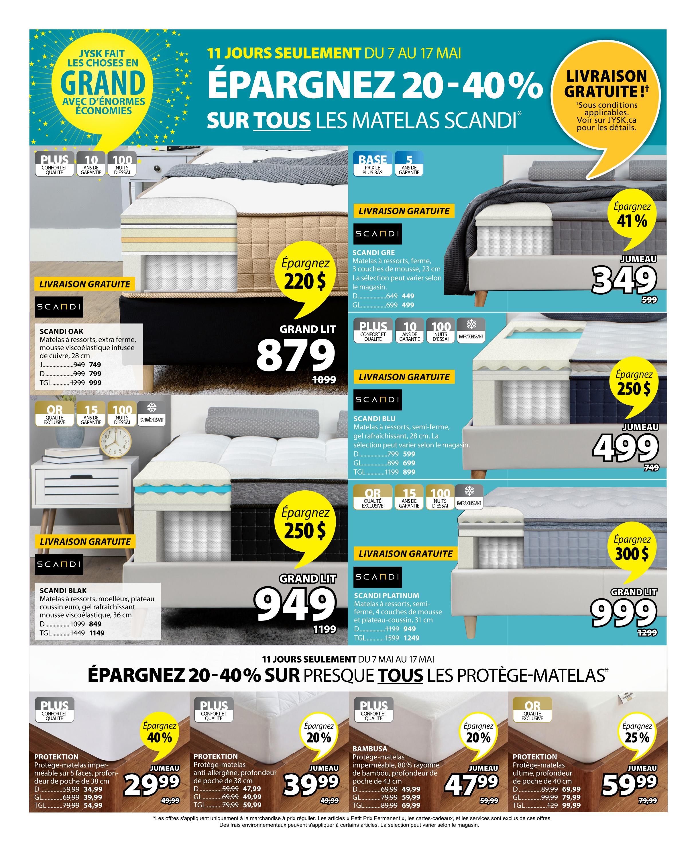 Jysk flyer page 18 features a 20-40% savings event on all Scandi mattresses from May 7-17. Offers include free delivery. Featured mattresses include the Scandi Gre, a firm innerspring mattress with 3 foam layers, 23 cm thick, on sale for $220 off, with Grand Lit size priced at $879 (originally $1099). The Scandi Oak, an extra-firm innerspring mattress with infused viscoelastic foam, 28 cm thick, is available with free delivery. The Scandi Blu, a semi-firm innerspring mattress with gel, 28 cm thick, is on sale for $250 off, with Grand Lit size priced at $499 (originally $749). The Scandi Platinum, a semi-firm innerspring mattress with 4 foam layers and a gel comfort cushion, 31 cm thick, is on sale for $300 off, with Grand Lit size priced at $999 (originally $1299). The page also highlights savings of 20-40% on mattress protectors. The Protektion waterproof mattress protector, 38 cm deep, is 40% off, priced at $29.99 (originally $49.99). The Protektion anti-allergen mattress protector, 38 cm deep, is 20% off, priced at $39.99 (originally $49.99). The Bambusa bamboo mattress protector, 38 cm deep, is 20% off, priced at $47.99 (originally $59.99). The Protektion mattress protector, 40 cm deep, is 25% off, priced at $59.99 (originally $79.99). All mattress protectors offer 100 nights' trial and 15-year warranty.