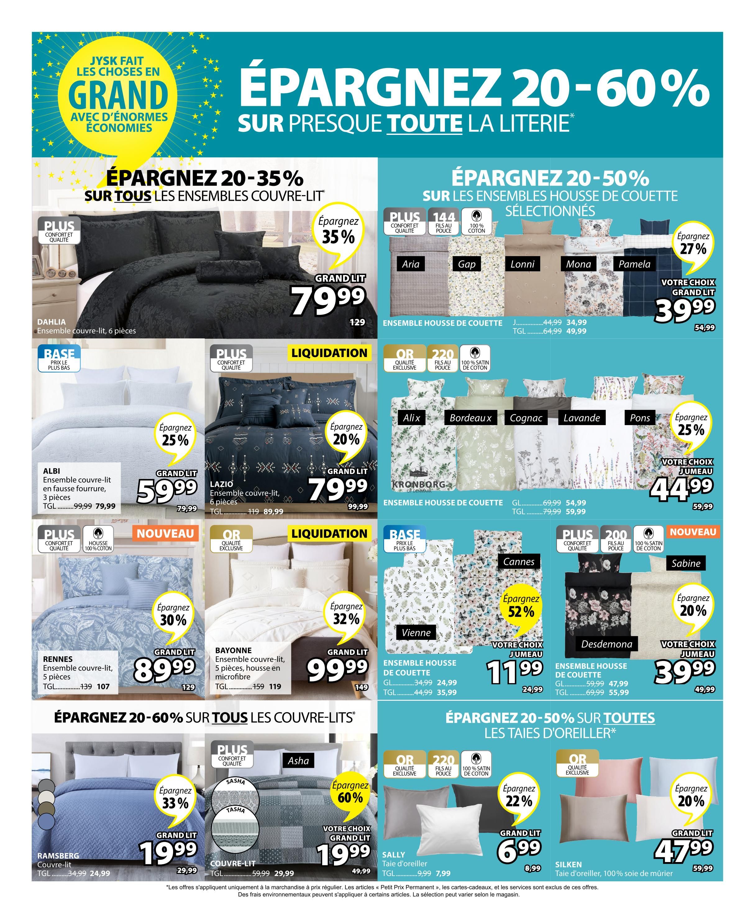 Jysk flyer page 19 features savings of 20-60% on bedding. Highlights include the Dahlia 6-piece duvet cover set for $79.99 (save 35%), Albi 3-piece duvet cover set in faux fur for $59.99 (save 25%), and Lazio 6-piece duvet cover set for $79.99 (save 20%). Also featured are Rennes 5-piece duvet cover set for $89.99 (save 30%) and Bayonne 5-piece microfiber duvet cover set for $99.99 (save 32%). Several duvet cover sets are on sale for 20-50% off, including Aria, Gap, Lonni, Mona, Pamela, Alix, Bordeaux, Cognac, Lavande, Pons, Kronborg, Vienne, Cannes, and Desdemona, with prices starting at $39.99. Additionally, Ramsberg duvet cover for $19.99 (save 33%) and Asha duvet cover for $19.99 (save 60%) are available. Pillow shams are also on sale, with the Sally pillow sham for $6.99 (save 22%) and Silken 100% mulberry silk pillow sham for $47.99 (save 20%).