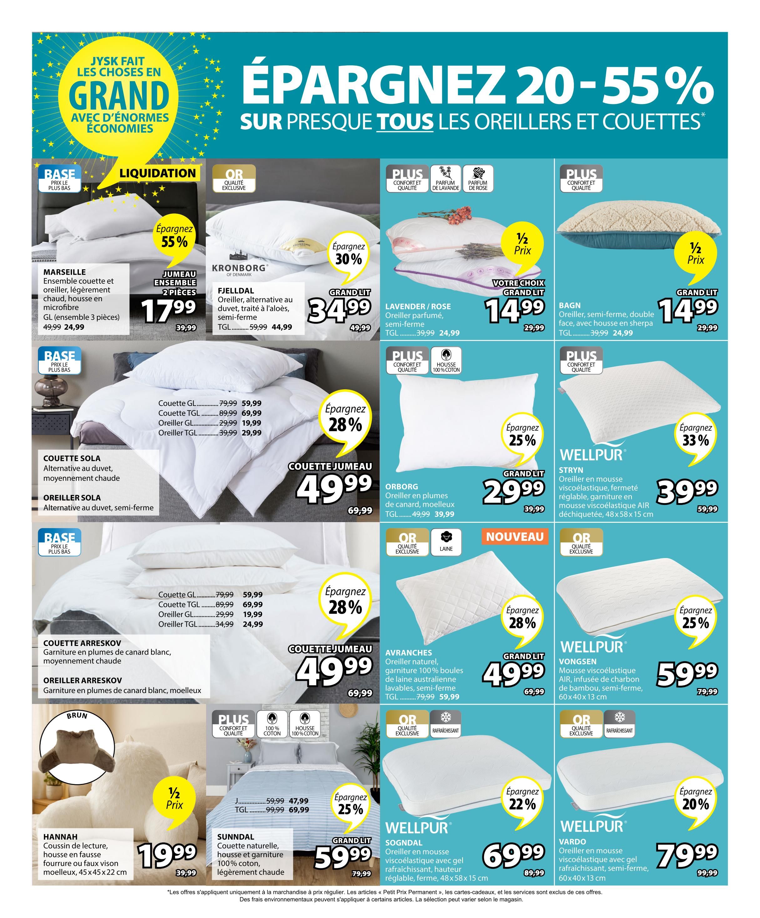 Jysk flyer page 20 features savings of 20-55% on pillows and duvets. Highlights include the Marseille duvet and pillow set for $17.99 (originally $39.99), saving 55%. The Fjell dal pillow is $34.99 (originally $49.99), saving 30%. Lavender/Rose and Bagn pillows are each $14.99 (originally $29.99), with a half-price offer. The Wellpur Stryrn pillow is $39.99 (originally $59.99), saving 33%. The Couette Sola duvet is $49.99 (originally $69.99), saving 28%. The Couette Arreskov duvet is $49.99 (originally $69.99), saving 28%. The Wellpur Vongsen pillow is $59.99 (originally $79.99), saving 25%. The Hannah reading cushion is half price at $19.99 (originally $39.99). The Sunndal duvet is $59.99 (originally $79.99), saving 25%. The Wellpur Sogndal pillow is $69.99 (originally $89.99), saving 22%. The Wellpur Vardo pillow is $79.99 (originally $99.99), saving 20%. Additional offers include the Orborg pillow for $29.99 (originally $39.99), saving 28%.
