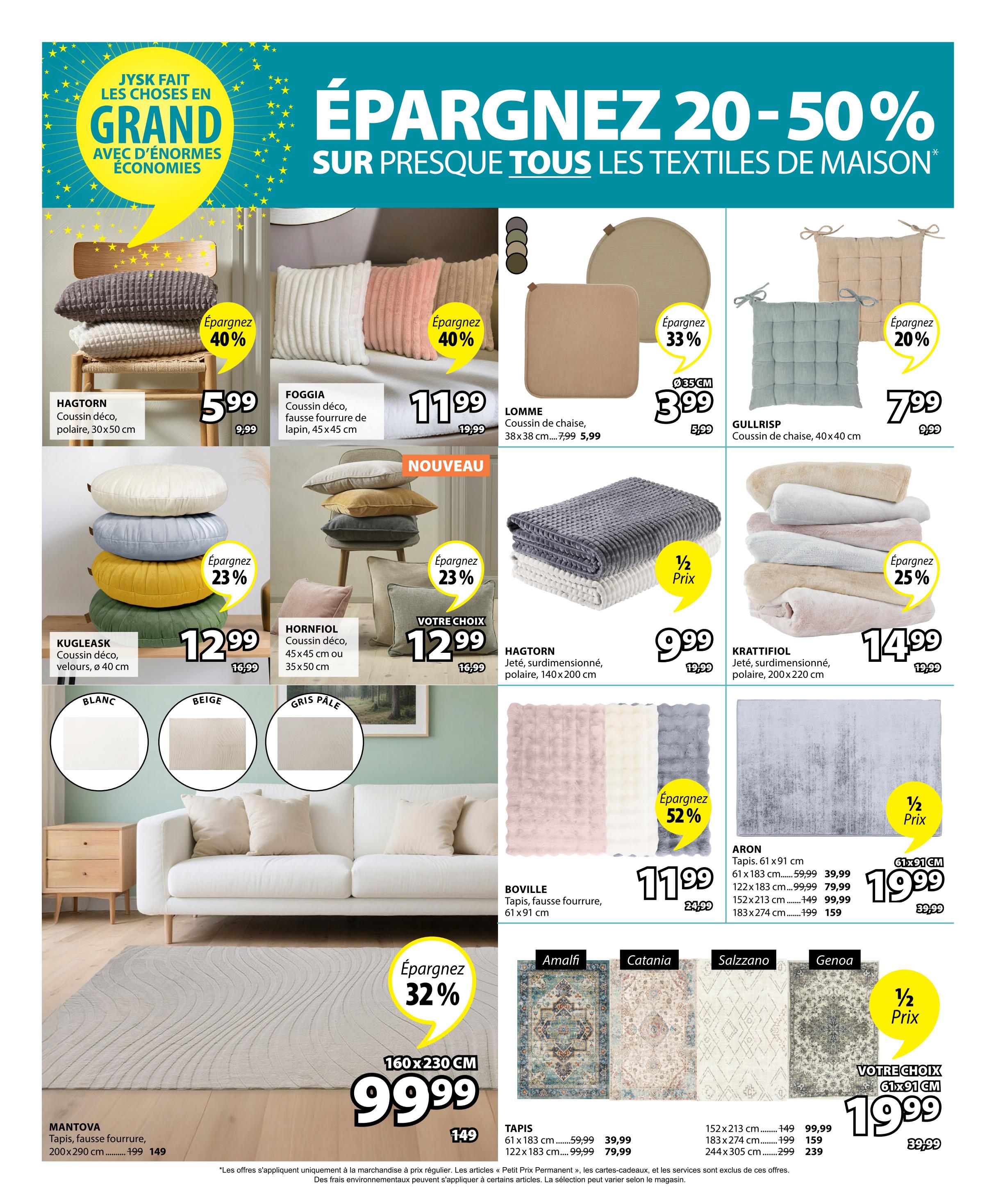 Jysk flyer page 22 features a 'Save 20-50% on almost all home textiles' sale. Featured items include HAGSTORN decorative cushion, polar, 30x50 cm, on sale for $5.99 (originally $9.99), saving 40%. FOGGIA decorative cushion, faux fur, 45x45 cm, is $11.99 (originally $19.99), saving 40%. LOMME chair cushion, 38x38 cm, is $5.99 (originally $7.99), saving 33%. GULLRISP chair cushion, 40x40 cm, is $7.99 (originally $9.99), saving 20%. KUGLÉASK decorative cushion, velvet, Ø 40 cm, is $12.99 (originally $16.99), saving 23%. HORNFIOL decorative cushion, 45x45 cm or 35x50 cm, is $12.99 (your choice, originally $16.99), saving 23%. HAGSTORN super-sized throw, polar, 140x200 cm, is $9.99 (half price, originally $19.99). KRATTIFFIOL super-sized throw, polar, 200x220 cm, is $14.99 (originally $19.99), saving 25%. BOVILLE throw, faux fur, 61x91 cm, is $11.99 (originally $24.99), saving 52%. The page also showcases ARON rugs in various sizes: 61x91 cm for $19.99 (half price, originally $39.99), 122x183 cm for $79.99 (originally $99.99), 152x213 cm for $99.99 (originally $149), and 183x274 cm for $159 (originally $199). Additionally, the MANTOVA faux fur rug, 200x290 cm, is on sale for $99.99 (originally $149), saving 32%. Other rugs like Amalfi, Catania, Salzzano, and Genoa are available with a 'Your Choice' option for 61x91 cm rugs at $19.99 (half price, originally $39.99).
