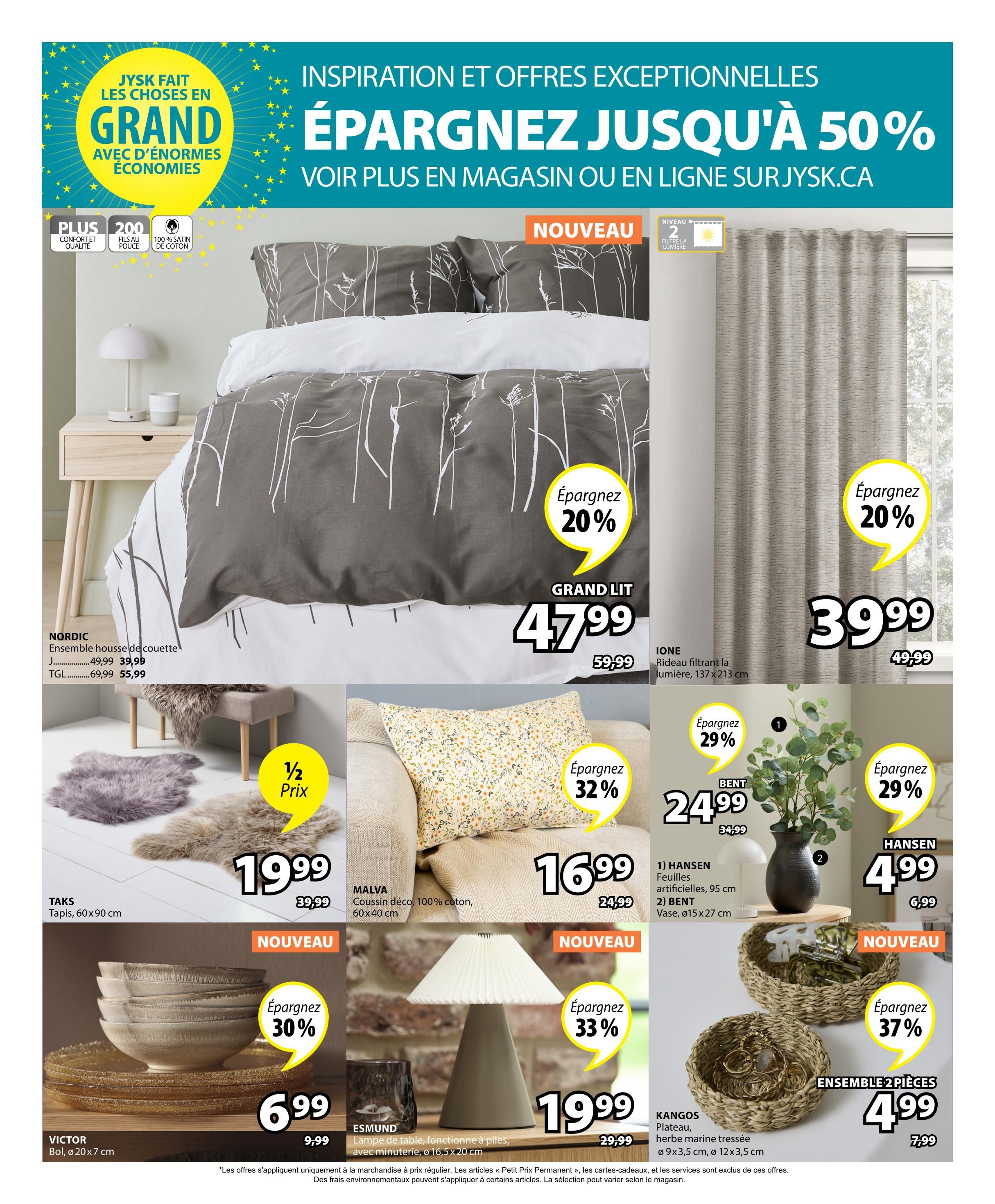 Jysk flyer page 24 featuring inspiration and exceptional offers with savings up to 50%. The page highlights a NORDIC duvet cover set, originally $49.99-$69.99, now $39.99-$55.99. A GRAND LIT duvet cover is on sale for $47.99, down from $59.99. IONE light-filtering curtains are available for $39.99, a 20% saving from $49.99. Two TAks rugs are priced at $19.99 each, marked as 1/2 price from $39.99. The MALVA decorative cushion, made of 100% cotton (60x40 cm), is $16.99, down from $24.99, with a 32% saving. BENT artificial leaves (95 cm) are $24.99, down from $34.99, with a 29% saving. HANSEN artificial leaves (95 cm) are $4.99, down from $6.99, with a 20% saving. A BENT vase (15x27 cm) is also available. The VICTOR bowl set, ø 20x7 cm, is new and on sale for $6.99, down from $9.99, with a 30% saving. The ESMUND table lamp, battery-operated with a dimmer, is new and priced at $19.99, down from $29.99, with a 33% saving. The KANGOS 2-piece tray set, made of braided seagrass (ø 9x3.5 cm, ø 12x3.5 cm), is new and on sale for $4.99, down from $7.99, with a 37% saving.