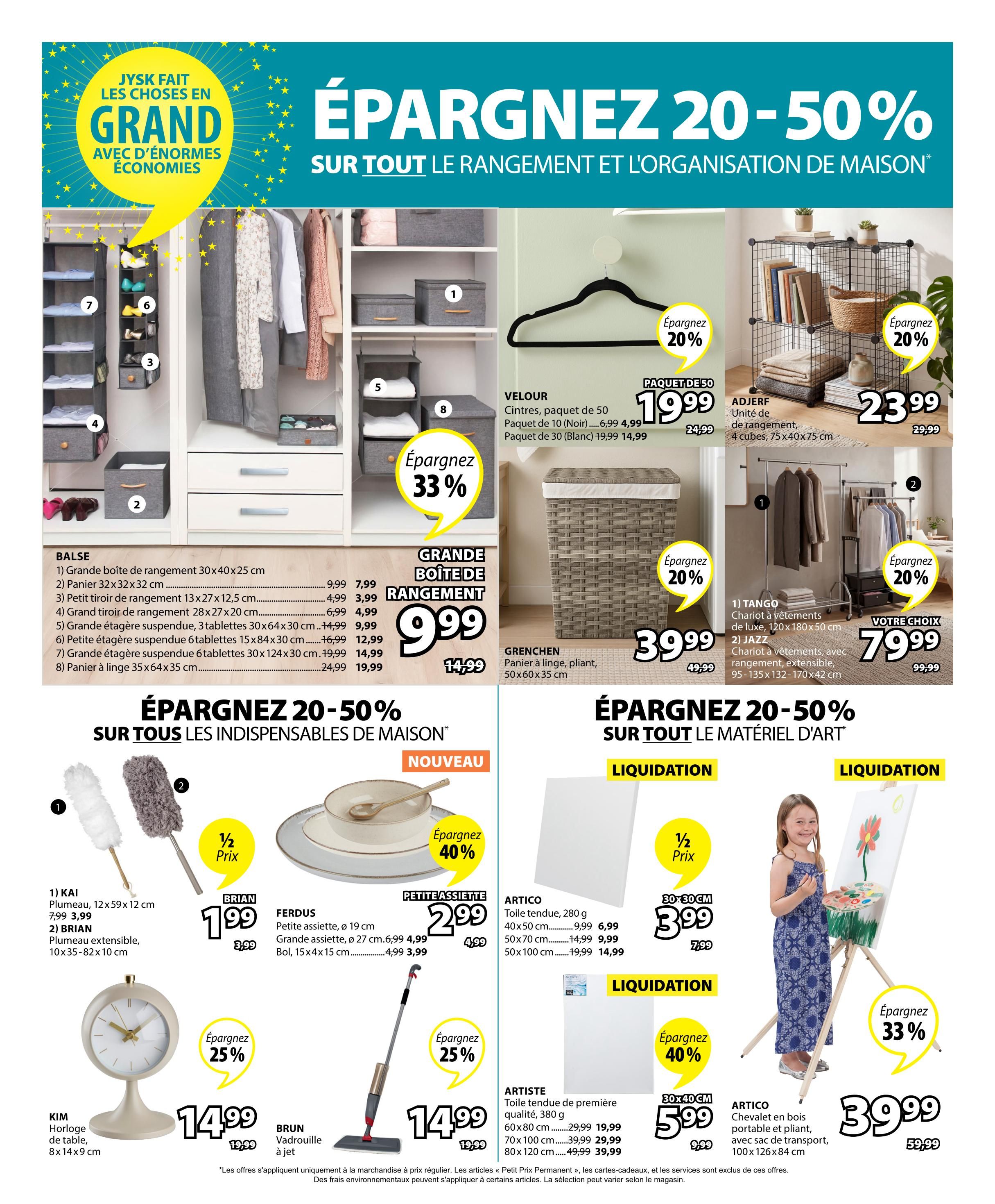 Jysk flyer page 27 features savings of 20-50% on home organization and storage solutions. Featured items include the BALSE storage boxes with prices starting at $7.99, a 50-pack of VELOUR hangers for $19.99 (originally $24.99), and ADJERF storage cubes for $23.99 (originally $29.99). Also available are GRENHEN laundry baskets for $39.99 (originally $49.99) and TANOU wardrobes for $79.99. The page also highlights KAI dusters starting at $3.99, FERDUS plates and bowls with a small plate at $2.99 and a large plate at $4.99, and a BRUN spray mop for $14.99 (originally $19.99). Additionally, there are savings on ARTICO canvases, with a 280g canvas starting at $6.99 and a 380g canvas starting at $19.99. A portable wooden easel for kids is on sale for $39.99 (originally $59.99).