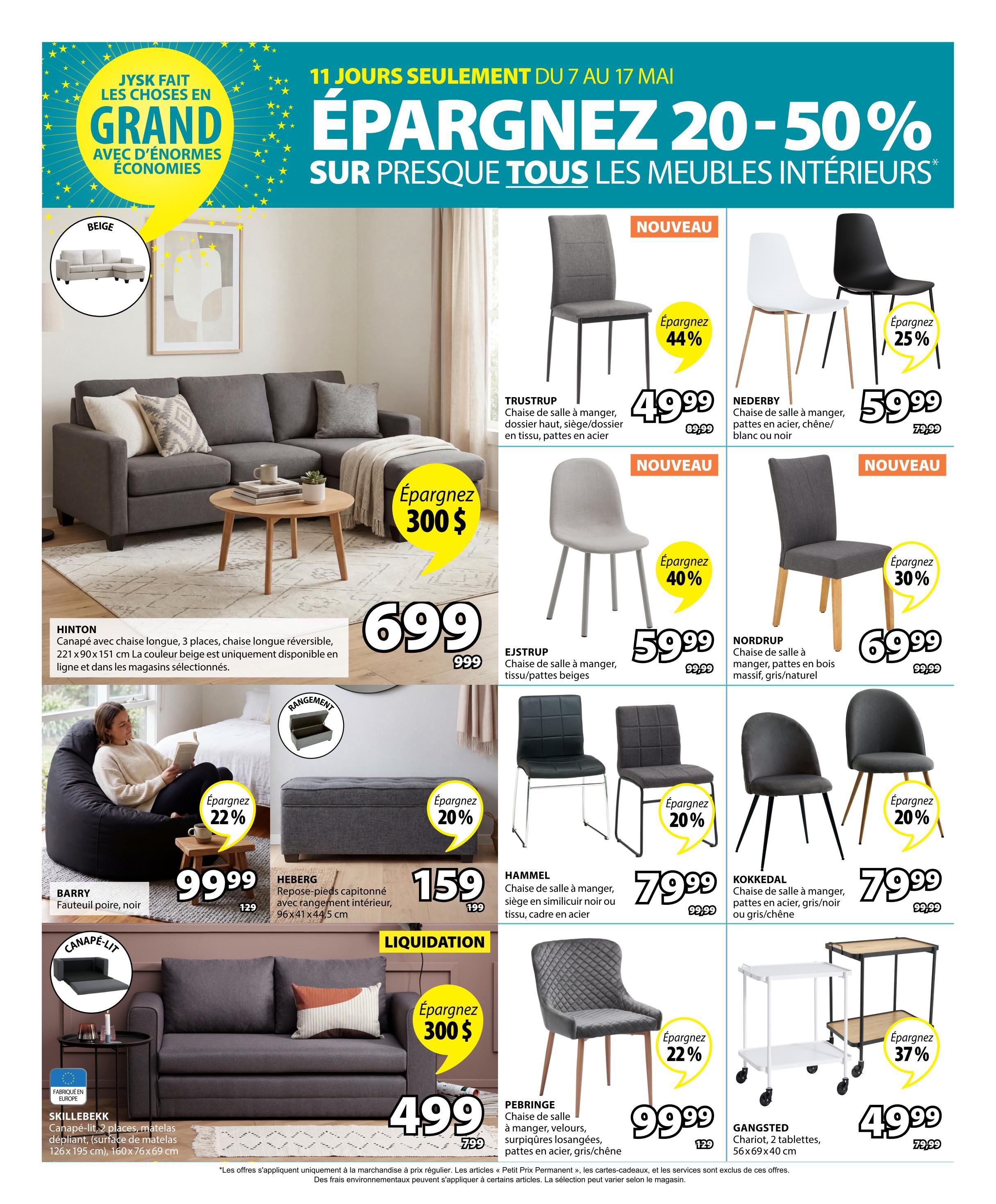 Jysk flyer page 30 featuring savings of 20-50% on furniture. Highlights include the HINTON beige sectional sofa with chaise, 3 places, reversible chaise, 221x90x151 cm, on sale for $699 (originally $999), saving $300. The BARRY beanbag chair in black is $99.99 (originally $129), saving 22%. The HEBERG upholstered storage ottoman, 96x41x44.5 cm, is $159 (originally $199), saving 20%. The SKILLEBEKK 2-seater sofa bed with foldable mattress, 126x195 cm unfolded, 160x76x69 cm folded, is liquidation priced at $499 (originally $799), saving $300. Dining chairs on sale include TRUSTRUP high-back dining chair in fabric with steel legs for $49.99 (originally $89.99), saving 44%. EJSTRUP dining chair in beige fabric with beige legs for $59.99 (originally $99.99), saving 40%. NORDROP dining chair in solid wood with natural finish legs for $69.99 (originally $99.99), saving 30%. NEDERBY dining chair in steel legs, available in white or black, for $59.99 (originally $79.99), saving 25%. HAMMEL dining chair with faux leather seat and steel frame for $79.99 (originally $99.99), saving 20%. KOKKEDAL dining chair with steel legs in grey/black or grey/oak finish for $79.99 (originally $99.99), saving 20%. PEBRINGE dining chair in velvet with silver legs, available in grey/chêne, for $99.99 (originally $129), saving 22%. The GANGSTED trolley with 2 shelves, 56x69x40 cm, is $49.99 (originally $79.99), saving 37%.