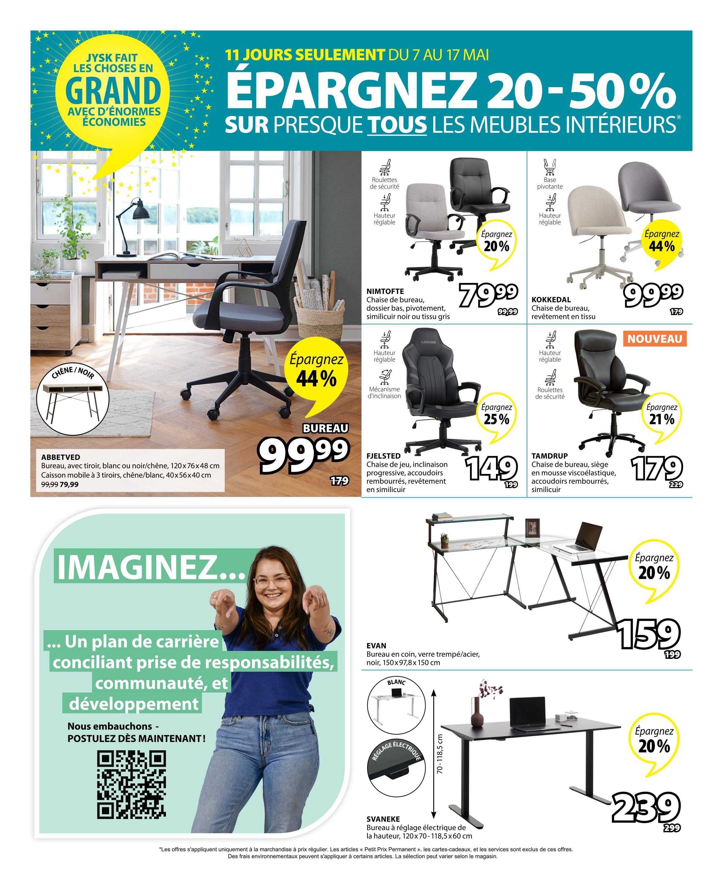 Jysk flyer page 31 featuring savings of 20-50% on interior furniture. Featured items include the NIMTOFTE office chair in black or grey fabric for $79.99 (save 20%), the KOKKEDAL office chair in fabric for $99.99 (save 44%), the FJLSTED gaming chair with reclining back and armrests for $149 (save 25%), and the TAMDRUP office chair with viscoelastic foam seat for $179 (save 21%). Also shown is the ABBETVED desk in oak, white, or black, measuring 120x76x48 cm, with an optional 3-drawer mobile pedestal for $99.99 (save 44%). The EVAN corner desk with tempered glass and steel frame, black, 150x97.8x150 cm, is on sale for $159 (save 20%). The SVANEKE electric height-adjustable desk, 120x70-118.5x60 cm, is available for $239 (save 20%). The page also includes a recruitment message with a QR code.
