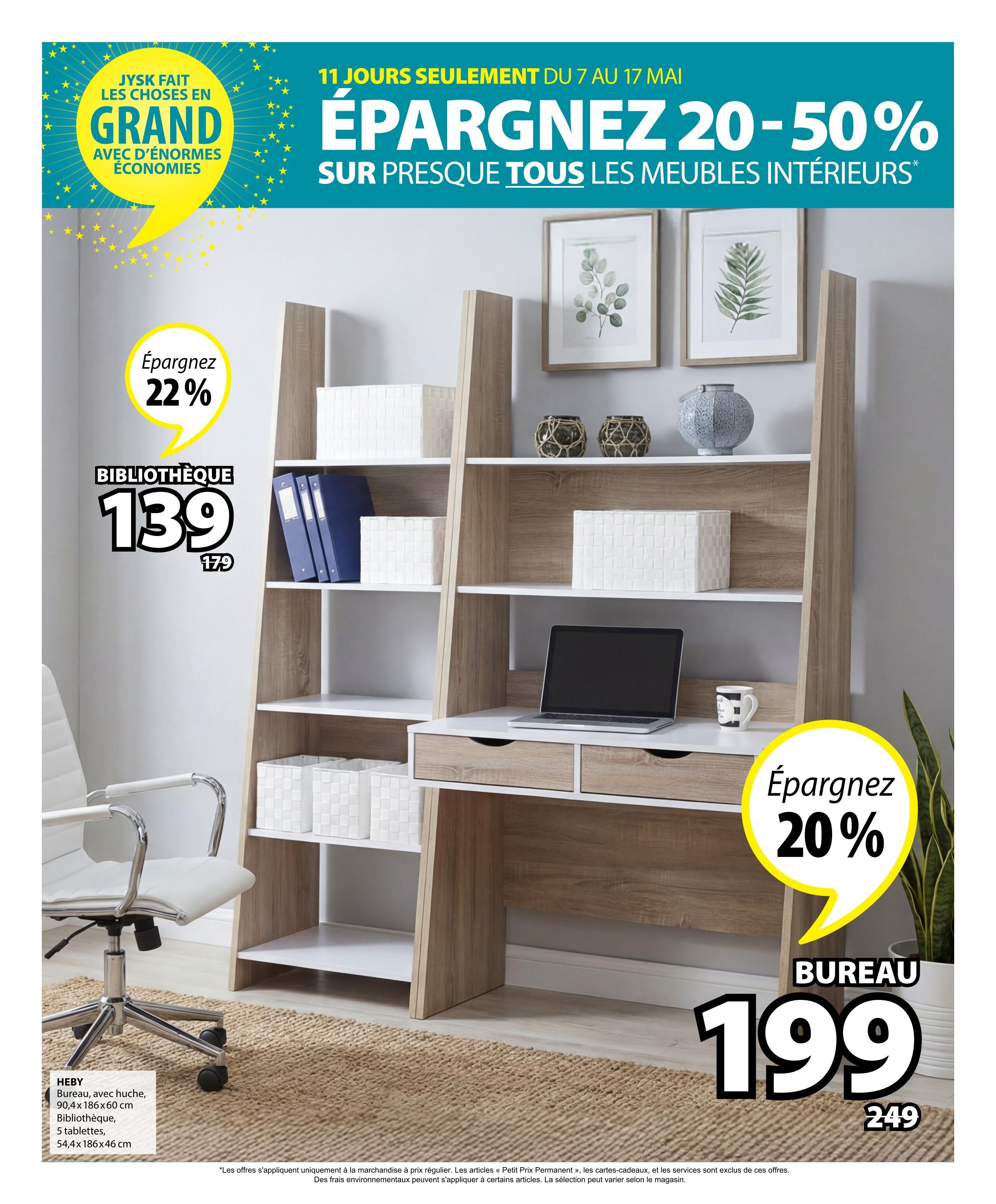 Jysk flyer page 32 featuring a large 'Save 20-50% on almost all indoor furniture' promotion. A bookshelf is displayed with a 'Save 22%' callout, priced at $139 (regularly $179). A desk with a laptop and decorative items is shown with a 'Save 20%' callout, priced at $199 (regularly $249). The desk and bookshelf set is labelled 'HEBY' and includes dimensions for the desk (90.4x186x60 cm) and bookshelf (54.4x186x46 cm) with 5 shelves. A white office chair on a jute rug is also visible.