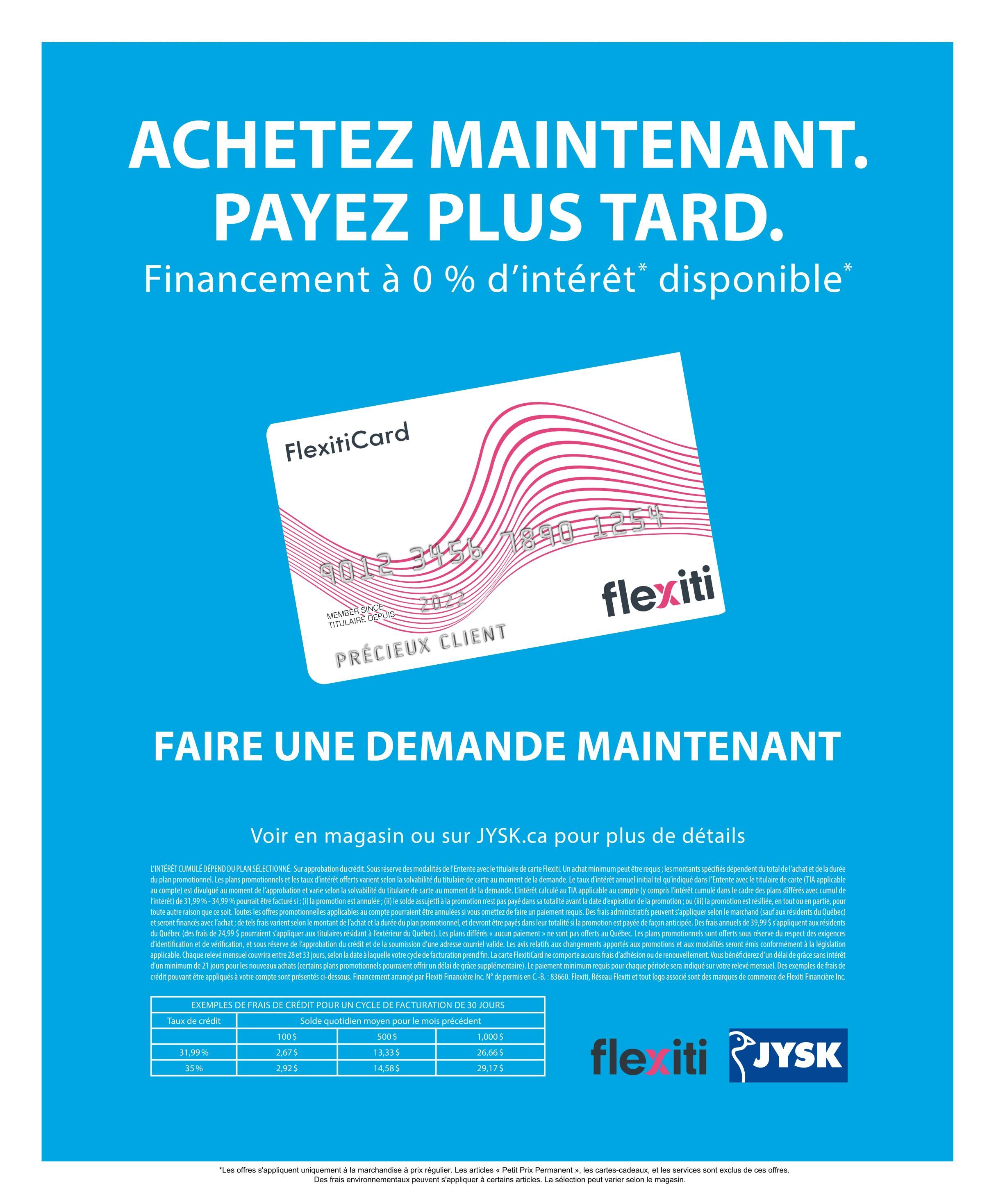 Jysk flyer page 33 features a 'Buy Now, Pay Later' promotion with 0% interest financing available. The page displays a FlexitiCard and provides details on how to apply. It includes a table showing 'Examples of Credit Costs for a 30-Day Billing Cycle' with daily payment amounts for purchases of $100, $500, and $1,000 at credit rates of 31.99% and 35%. The page also mentions that offers apply to merchandise at regular prices and that environmental fees may apply.