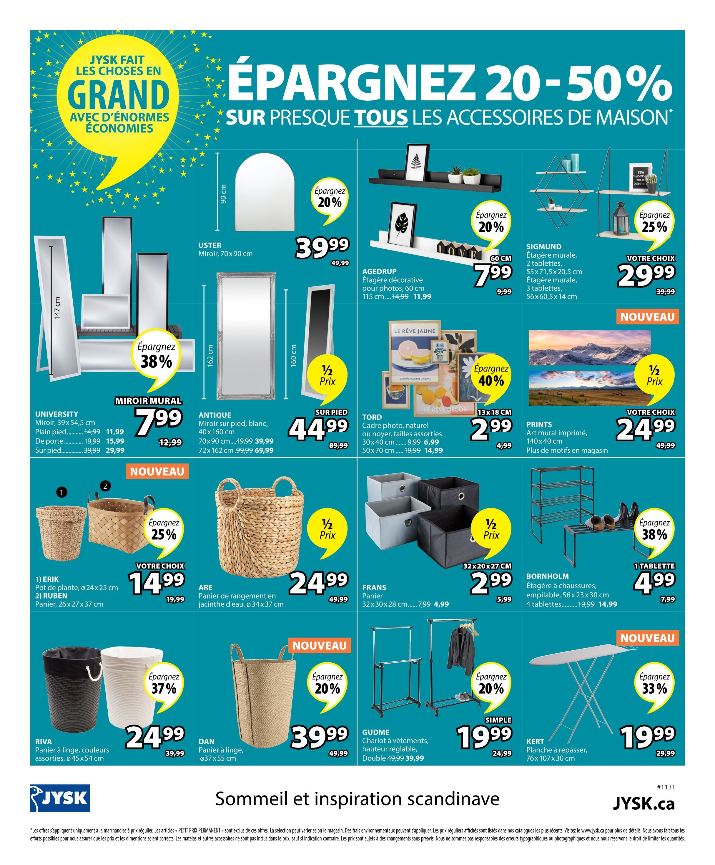 Jysk flyer page 34 featuring 'Save 20-50% on almost all home accessories'. Products include the USTER mirror for $39.99 (20% off), AGEDRUP decorative shelving for $7.99 (20% off), SIGMUND wall shelves starting at $29.99 (25% off), UNIVERSITY mirror for $7.99, ANTIQUE mirror for $44.99, TORD photo frame for $2.99 (40% off), PRINTS wall art for $24.99. Also featured are ERIK plant pot for $14.99, RUBEN basket for $14.99, ARE storage basket for $24.99, RIVA laundry basket for $24.99 (37% off), DAN laundry basket for $39.99 (20% off), FRANS storage bins for $2.99, BORNHOLM shoe rack for $4.99 (38% off), and KERT ironing board for $19.99 (33% off). The page also highlights 'New' items and a section on 'Sleep and Scandinavian inspiration'.