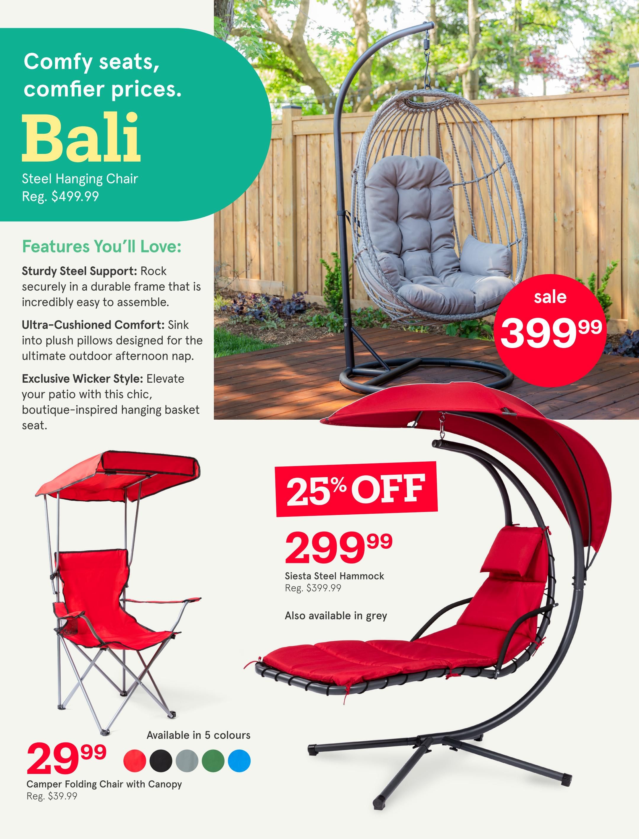 Kitchen Stuff Plus flyer page 8 features comfy seats at comfier prices. The Bali Steel Hanging Chair, originally $499.99, is on sale for $399.99 and features sturdy steel support, ultra-cushioned comfort, and an exclusive wicker style. Also featured is the Siesta Steel Hammock, on sale for $299.99 (regularly $399.99) with 25% off, and available in grey. The Camper Folding Chair with Canopy is priced at $29.99 (regularly $39.99) and is available in 5 colours.