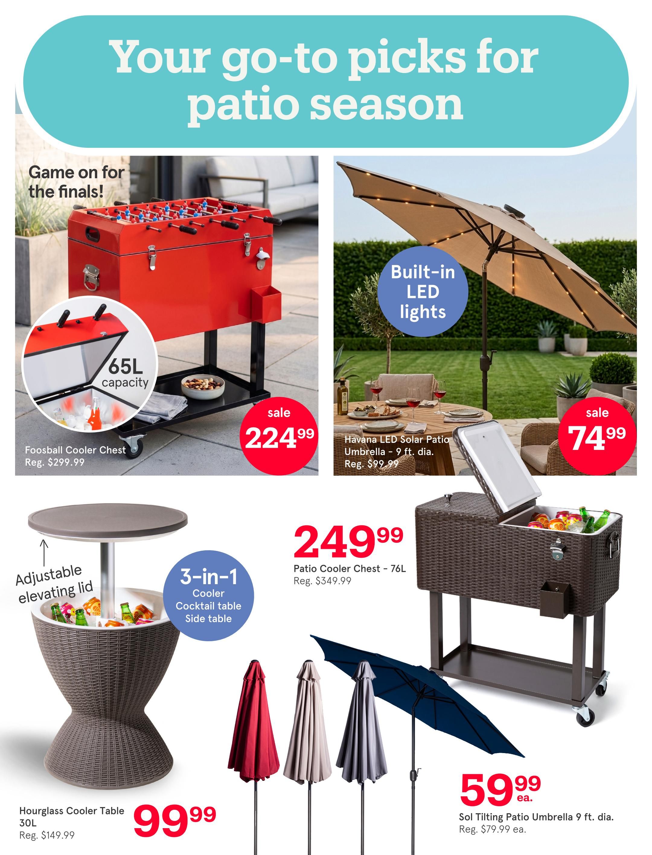 Kitchen Stuff Plus flyer page 9 features patio season essentials. Highlighted items include a red 65L capacity Foosball Cooler Chest on sale for $224.99 (regularly $299.99), and a large brown 76L Patio Cooler Chest for $249.99 (regularly $349.99). Also featured is a Havana LED Solar Patio Umbrella, 9 ft. diameter, on sale for $74.99 (regularly $99.99). A 3-in-1 Hourglass Cooler Table with an adjustable elevating lid is priced at $99.99 (regularly $149.99). Additionally, Sol Tilting Patio Umbrellas, 9 ft. diameter, are available for $59.99 each (regularly $79.99 each) in red, beige, and grey colours.