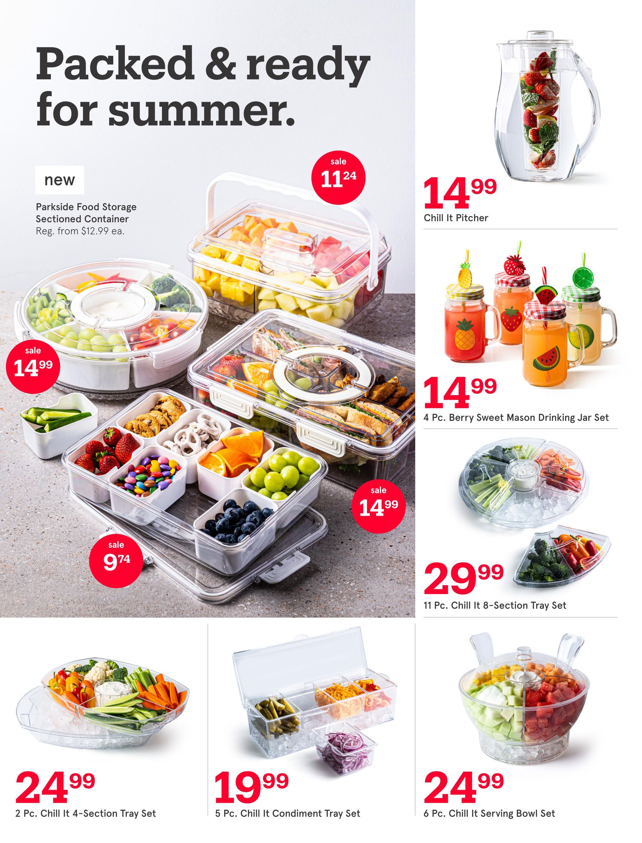 Kitchen Stuff Plus flyer, page 10. Featured items for summer entertaining include a new Parkside Food Storage Sectioned Container, on sale for $11.24, regularly from $12.99 each. Also available are a Chill It Pitcher for $14.99, a 4 Pc. Berry Sweet Mason Drinking Jar Set for $14.99, and an 11 Pc. Chill It 8-Section Tray Set for $29.99. Several other serving and storage solutions are displayed: a round sectioned tray on sale for $14.99, a 2 Pc. Chill It 4-Section Tray Set for $24.99, a 5 Pc. Chill It Condiment Tray Set for $19.99, and a 6 Pc. Chill It Serving Bowl Set for $24.99. One sectioned container is on sale for $9.74.