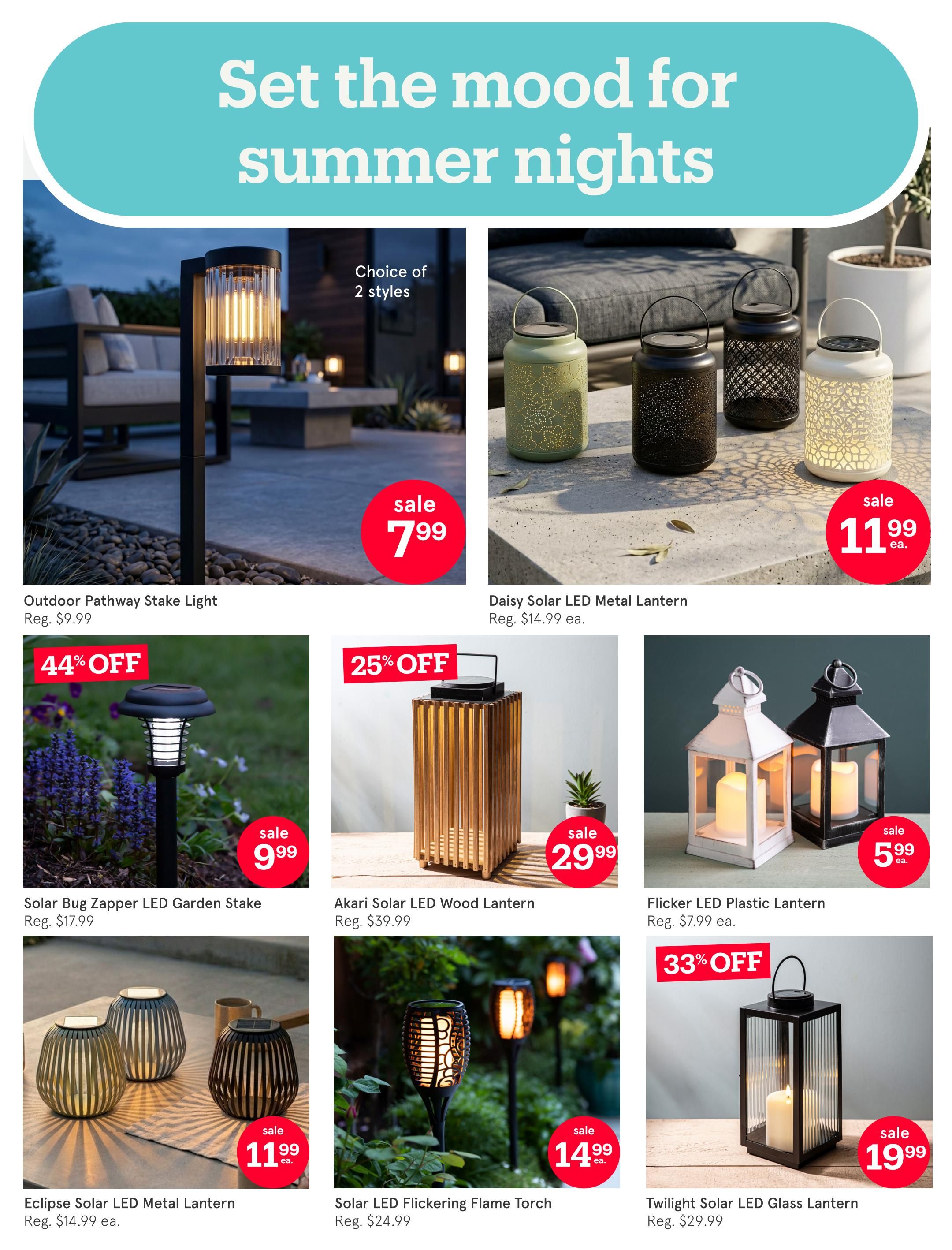 Kitchen Stuff Plus flyer page 13 features outdoor lighting to set the mood for summer nights. Products include an Outdoor Pathway Stake Light on sale for $7.99 (reg. $9.99), Daisy Solar LED Metal Lanterns on sale for $11.99 ea. (reg. $14.99 ea.). Also featured are a Solar Bug Zapper LED Garden Stake at 44% off, on sale for $9.99 (reg. $17.99), an Akari Solar LED Wood Lantern on sale for $29.99 (reg. $39.99) with 25% off, and Flicker LED Plastic Lanterns on sale for $5.99 ea. (reg. $7.99 ea.). Additional items include Eclipse Solar LED Metal Lanterns on sale for $11.99 ea. (reg. $14.99 ea.), Solar LED Flickering Flame Torches on sale for $14.99 (reg. $24.99), and a Twilight Solar LED Glass Lantern at 33% off, on sale for $19.99 (reg. $29.99).