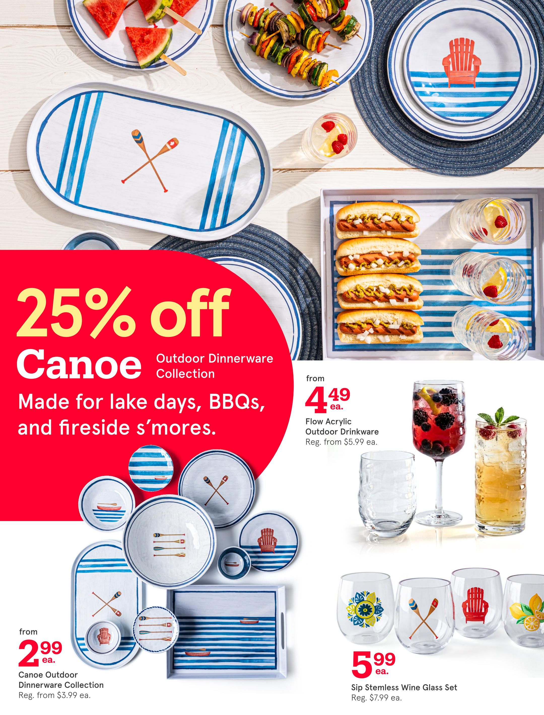 Kitchen Stuff Plus flyer page 16 features a '25% off Canoe Outdoor Dinnerware Collection' sale, perfect for lake days, BBQs, and fireside s'mores. The collection includes items starting from $2.99 each, with a regular price from $3.99. Also featured is the Flow Acrylic Outdoor Drinkware, available from $4.49 each, regularly from $5.99. Additionally, Sip Stemless Wine Glasses are on sale for $5.99 each, down from $7.99. The page displays various plates, platters, and drinkware with nautical and summer-themed designs.