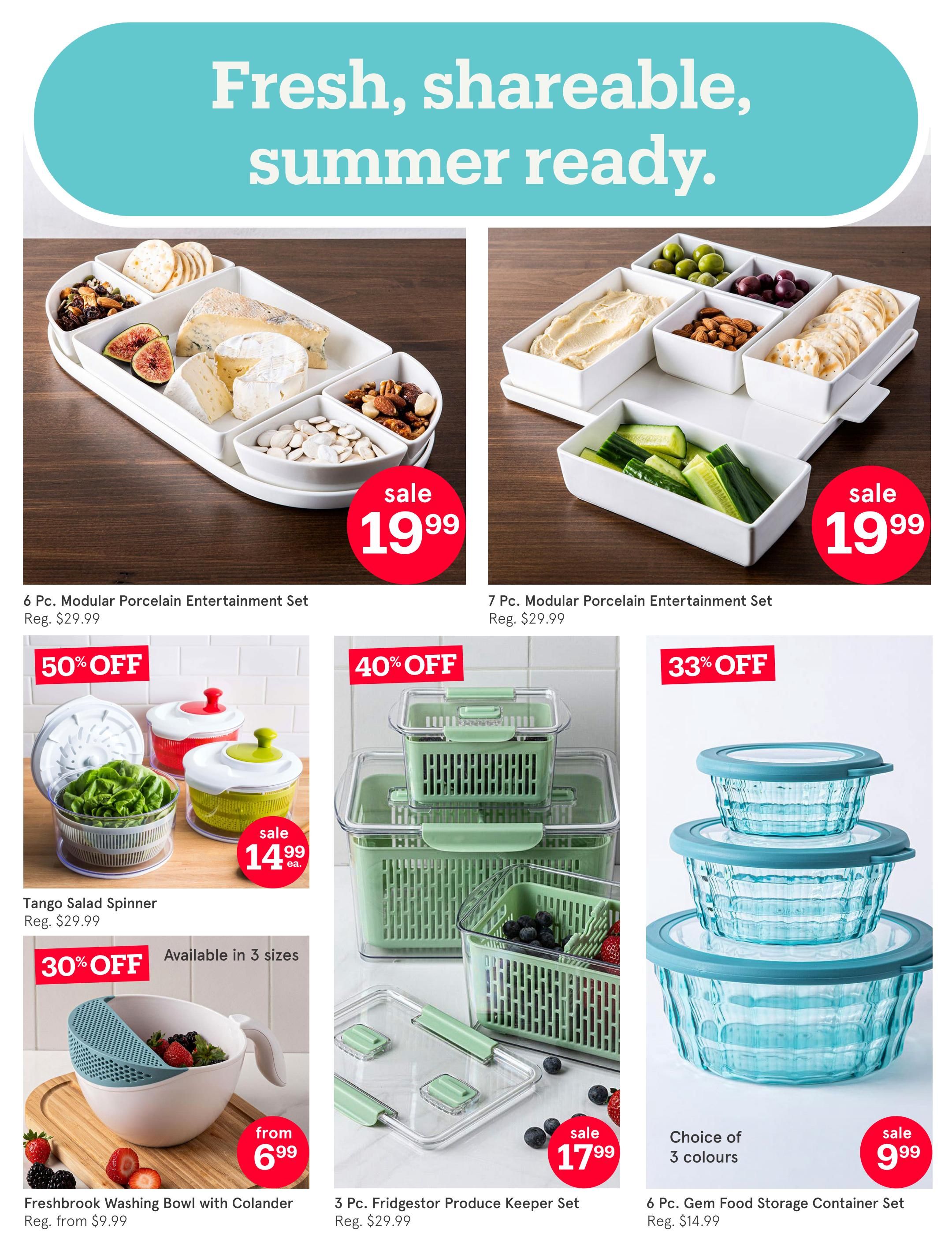 Kitchen Stuff Plus flyer, page 20. Features fresh, shareable, summer-ready kitchenware. On the top row, a 6 Pc. Modular Porcelain Entertainment Set is on sale for $19.99 (regular $29.99), and a 7 Pc. Modular Porcelain Entertainment Set is also on sale for $19.99 (regular $29.99). The middle row showcases a Tango Salad Spinner on sale for $14.99 each, with 50% off. Below that, the Freshbrook Washing Bowl with Colander is available from $6.99, with 30% off and available in 3 sizes. To the right, a 3 Pc. Fridgetor Produce Keeper Set is on sale for $17.99 (regular $29.99) with 40% off. Finally, a 6 Pc. Gem Food Storage Container Set is on sale for $9.99, with 33% off and available in a choice of 3 colours.