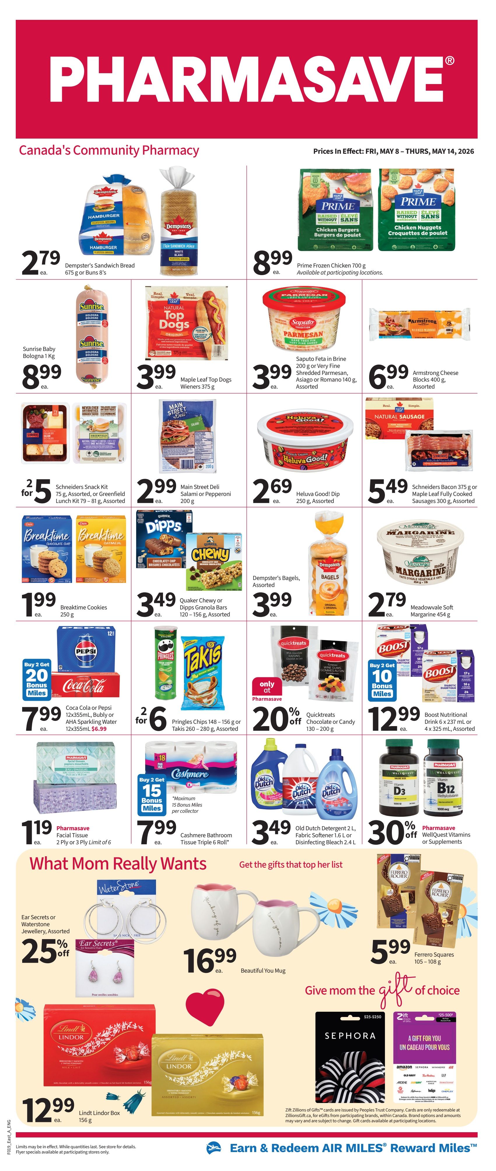 Pharmasave flyer for Atlantic Canada, valid May 8-14, 2026. Featured products include Dempster's Sandwich Bread or Buns for $2.79, Prime Frozen Chicken Burgers or Nuggets for $8.99, Sunrise Baby Bologna for $8.99, Maple Leaf Top Dogs Wieners for $3.99, Saputo Feta in Brine or Shredded Parmesan for $3.99, and Armstrong Cheese Blocks for $6.99. Also available are Schneiders Snack Kits for 2 for $5, Main Street Deli Salami or Pepperoni for $2.99, Heluva Good! Dip for $2.69, and Schneiders Bacon or Maple Leaf Fully Cooked Sausages for $5.49. Breaktime Cookies are $1.99, Quaker Chewy or Dipps Granola Bars are $3.49, and Dempster's Bagels are $3.99. Meadowvale Soft Margarine is $2.79. Coca Cola or Pepsi 12x355mL or AHA Sparkling Water 12x355mL are $7.99 with 20 Bonus Miles. Pringles Chips or Takis are 2 for $6. Quicktreats Chocolate or Candy are 20% off. Boost Nutritional Drinks are $12.99 with 10 Bonus Miles. Pharmasave Facial Tissues are $1.19. Cashmere Bathroom Tissue Triple Roll is $7.99 with 15 Bonus Miles. Old Dutch Detergent, Fabric Softener, or Disinfecting Bleach are $3.49. Pharmasave WellQuest Vitamins or Supplements are 30% off. 'What Mom Really Wants' section features Ear Secrets or Waterstone Jewellery at 25% off, Beautiful You Mugs for $16.99, and Ferrero Rocher Squares for $5.99. Lindt Lindor Box is $12.99. Also featured are Zift gift cards for Sephora, Amazon, and more. Earn & Redeem AIR MILES Reward Miles.