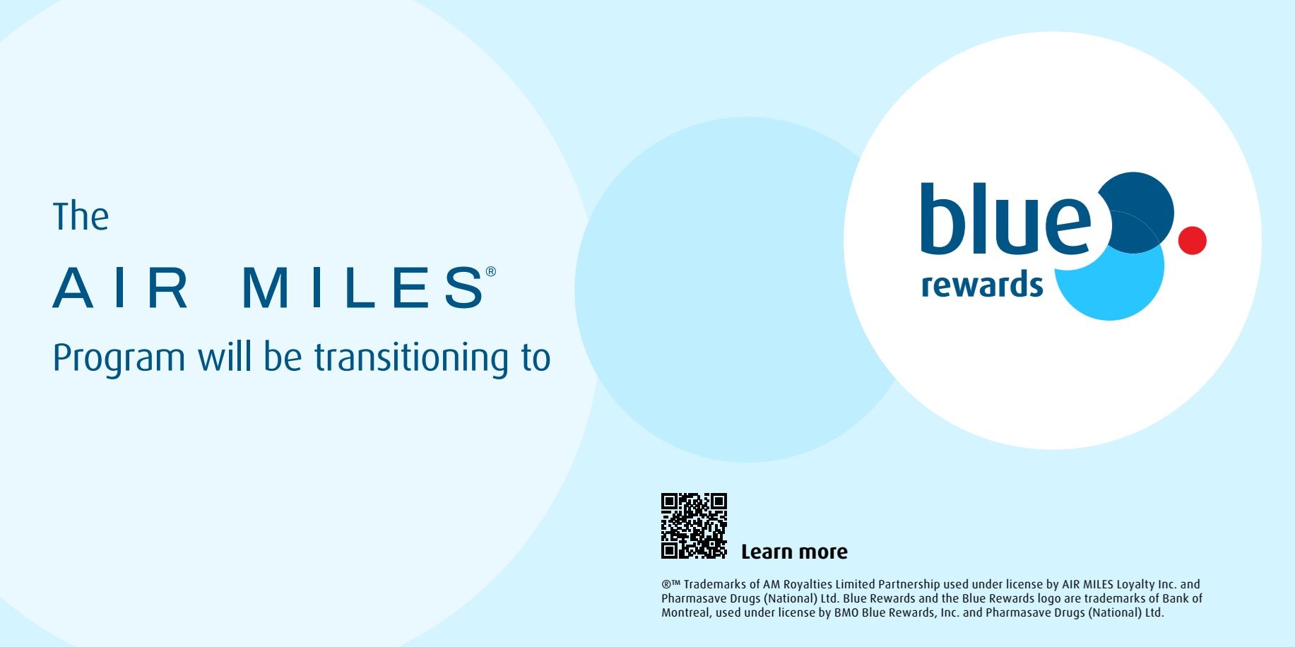 Pharmasave Atlantic Canada flyer, page 8. Announcement that the AIR MILES Program will be transitioning to Blue Rewards. Includes a QR code to learn more. Legal text indicates trademarks of AM Royalties Limited Partnership used under license by AIR MILES Loyalty Inc. and Pharmasave Drugs (National) Ltd. Blue Rewards and the Blue Rewards logo are trademarks of Bank of Montreal, used under license by BMO Blue Rewards, Inc. and Pharmasave Drugs (National) Ltd.