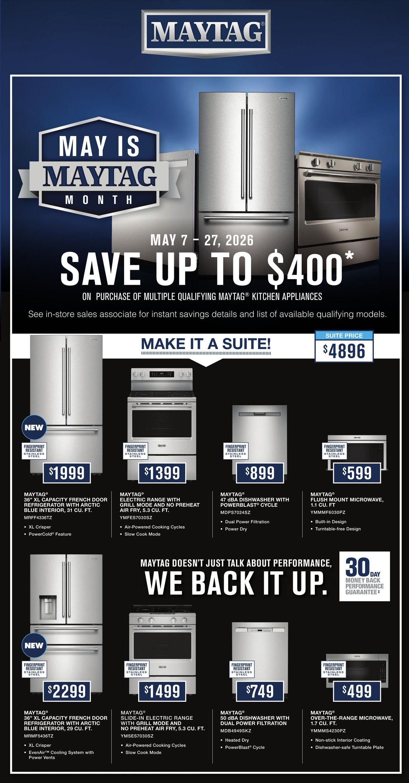 Maytag flyer page 2, featuring Maytag kitchen appliances on sale from May 7-27, 2026. Save up to $400 on the purchase of multiple qualifying Maytag kitchen appliances. A suite of appliances is priced at $4896. Featured products include a new Maytag 36' XL capacity French door refrigerator with Arctic Blue interior, 31 cu. ft. for $1999, and another Maytag 36' XL capacity French door refrigerator with Arctic Blue interior, 29 cu. ft. for $2299. Also available is a Maytag electric range with grill mode and no preheat air fry, 5.3 cu. ft. for $1399, and a Maytag slide-in electric range with grill mode and no preheat air fry, 5.3 cu. ft. for $1499. Dishwashers include a Maytag 47 dBA dishwasher with PowerBlast cycle for $899, and a Maytag 50 dBA dishwasher with dual power filtration for $749. A Maytag flush mount microwave, 1.1 cu. ft. is priced at $599, and a Maytag over-the-range microwave, 1.7 cu. ft. is $499. Many appliances feature fingerprint-resistant stainless steel. Maytag offers a 30-day money-back performance guarantee.