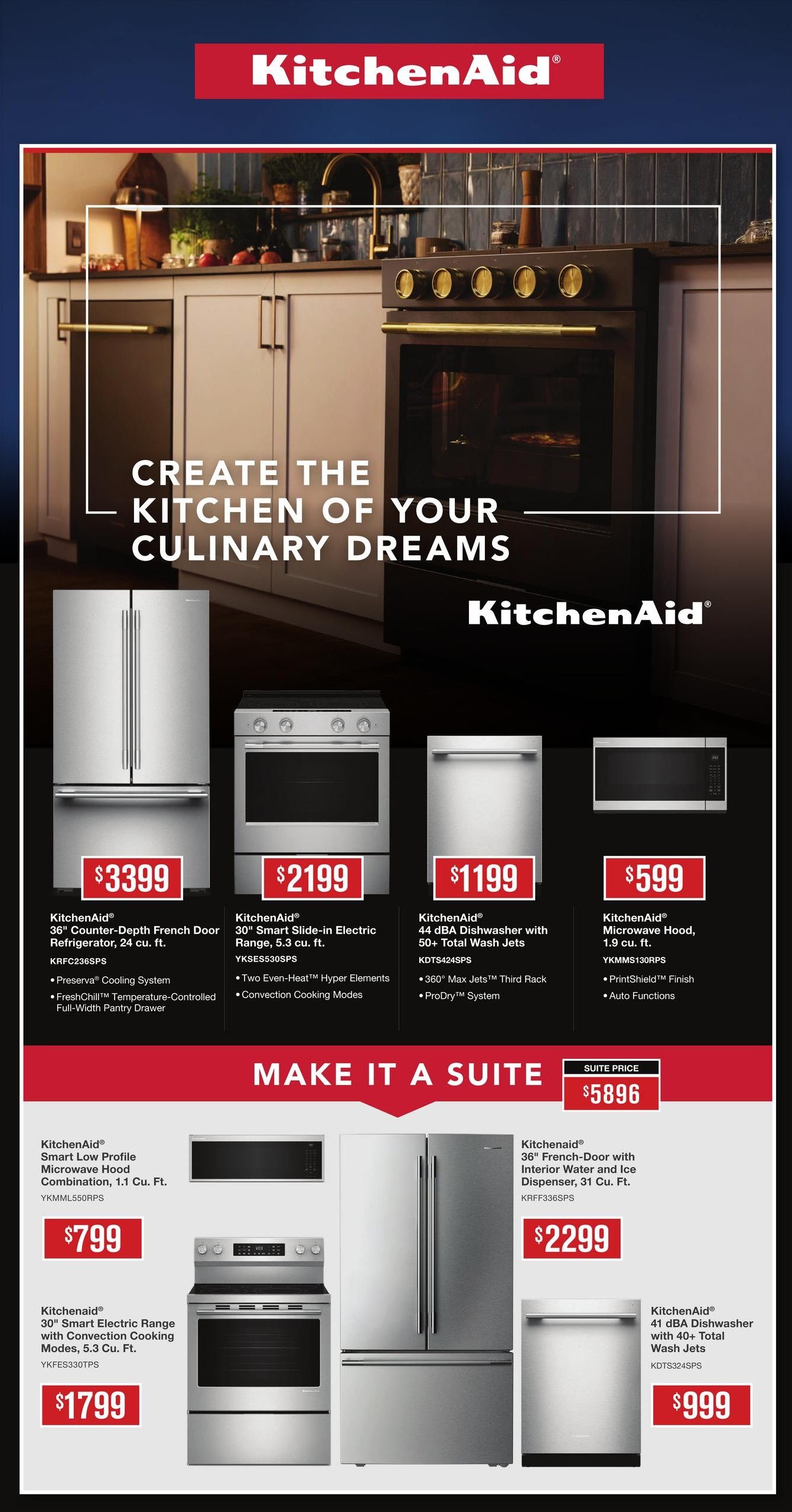 TA Appliance flyer page 6 features KitchenAid appliances. The top section showcases a KitchenAid 36' Counter-Depth French Door Refrigerator for $3399, featuring Preserva Cooling System and FreshChill Temperature-Controlled Full-Width Pantry Drawer. Next is a KitchenAid 30' Smart Slide-in Electric Range for $2199 with Two Even-Heat Hyper Elements and Convection Cooking Modes. A KitchenAid 44 dBA Dishwasher with 50+ Total Wash Jets is available for $1199, boasting 360 Max Jets Third Rack and ProDry System. Finally, a KitchenAid Microwave Hood with 1.9 cu. ft. capacity is priced at $599, offering PrintShield Finish and Auto Functions. The bottom section highlights 'Make It A Suite' with a suite price of $5896. Individual items include a KitchenAid Smart Low Profile Microwave Hood Combination (1.1 Cu. Ft.) for $799, a KitchenAid 30' Smart Electric Range with Convection Cooking Modes (5.3 Cu. Ft.) for $1799, a KitchenAid 36' French-Door Refrigerator with Interior Water and Ice Dispenser (31 Cu. Ft.) for $2299, and a KitchenAid 41 dBA Dishwasher with 40+ Total Wash Jets for $999.
