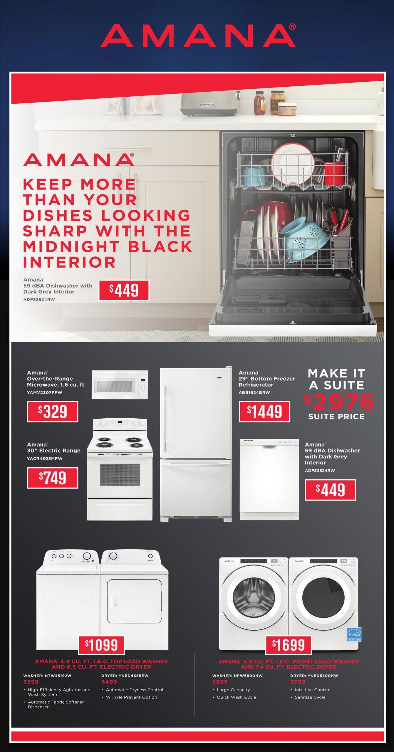 TA Appliance flyer page 8 features Amana appliances. A 59 dBA Dishwasher with Dark Grey Interior is $449. An Amana Over-the-Range Microwave, 1.6 cu. ft., is $329. An Amana 30' Electric Range is $749. A 29' Bottom Freezer Refrigerator is $1449, with a suite price of $2976. Another Amana 59 dBA Dishwasher with Dark Grey Interior is $449. A Washer and Dryer set, Amana 4.4 cu. ft. I.E.C. Top Load Washer and 6.5 cu. ft. Electric Dryer, is $1099. The washer features NTW4519JW, High-Efficiency Agitator and Wash System, and Automatic Fabric Softener Dispenser. The dryer features YNED4655EW, Automatic Dryness Control, and Wrinkle Prevent Option. A second Washer and Dryer set, Amana 5.0 cu. ft. I.E.C. Front Load Washer and 7.4 cu. ft. Electric Dryer, is $1699. The washer features NFW5800HW, Large Capacity, and Quick Wash Cycle. The dryer features YNED5800HW, Intuitive Controls, and Sanitize Cycle.