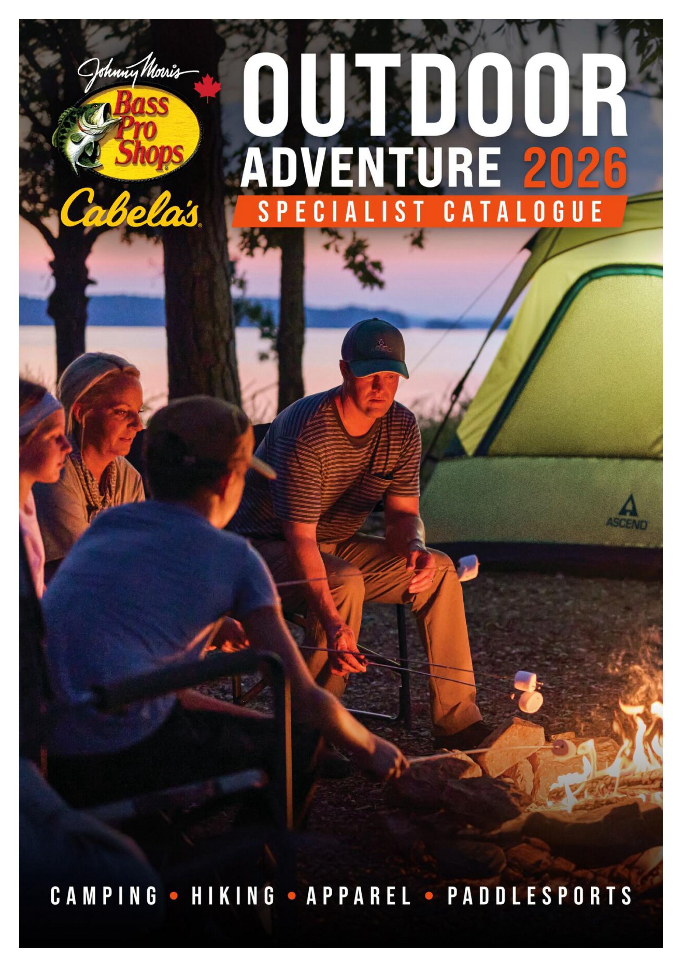 Cabela's and Bass Pro Shops Outdoor Adventure 2026 Specialist Catalogue cover page. The image features a group of people sitting around a campfire at dusk, roasting marshmallows, with a tent set up in the background. The catalogue highlights categories such as Camping, Hiking, Apparel, and Paddlesports.