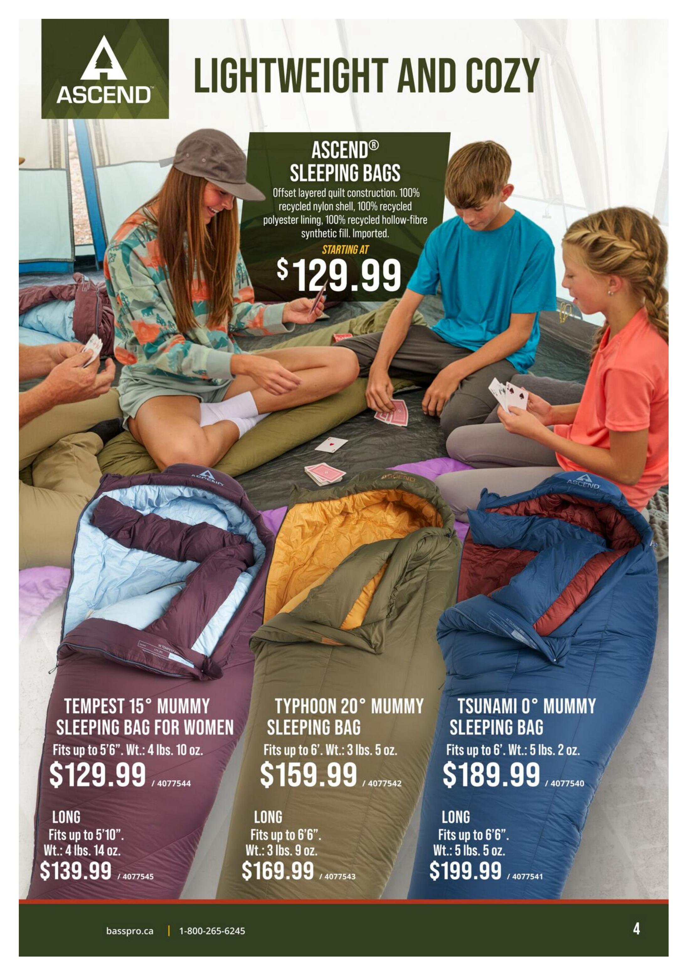 Cabela's Outdoor Adventure 2026 flyer, page 4. Features Ascend Lightweight and Cozy sleeping bags. The Ascend sleeping bags have offset layered quilt construction, 100% recycled nylon shell, and 100% recycled hollow-fibre synthetic fill, starting at $129.99. Available models include the Tempest 15° Mummy Sleeping Bag for Women, fitting up to 5'6' with a weight of 4 lbs. 10 oz. for $129.99, and a Long version fitting up to 5'10' with a weight of 4 lbs. 14 oz. for $139.99. The Typhoon 20° Mummy Sleeping Bag fits up to 6' with a weight of 3 lbs. 5 oz. for $159.99, and a Long version fitting up to 6'6' with a weight of 3 lbs. 9 oz. for $169.99. The Tsunami 0° Mummy Sleeping Bag fits up to 6' with a weight of 5 lbs. 2 oz. for $189.99, and a Long version fitting up to 6'6' with a weight of 5 lbs. 5 oz. for $199.99. Page 4 of 44.
