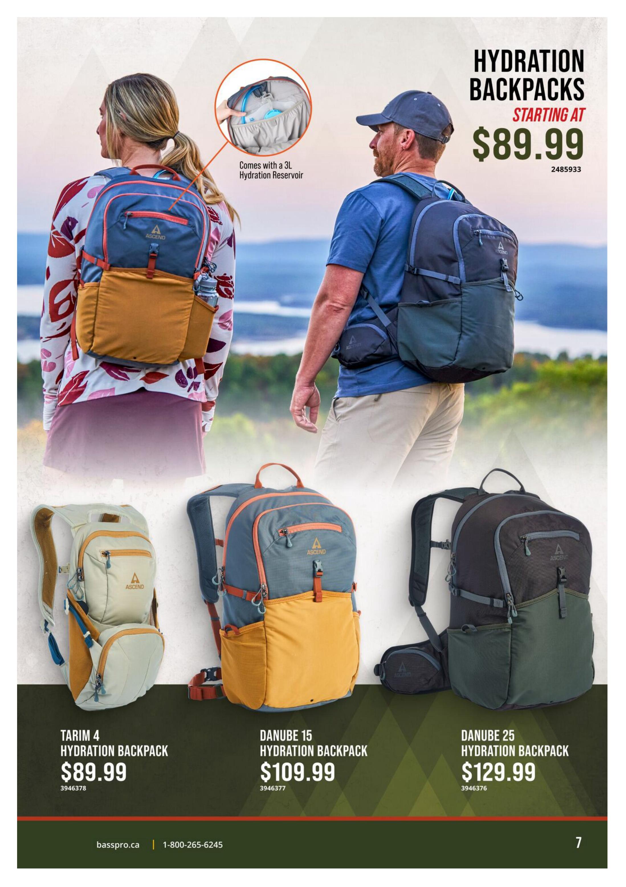 Cabela's flyer page 7 features hydration backpacks starting at $89.99. Featured products include the Tarim 4 Hydration Backpack for $89.99, the Danube 15 Hydration Backpack for $109.99, and the Danube 25 Hydration Backpack for $129.99. One backpack is shown with a detail highlighting that it comes with a 3L hydration reservoir.