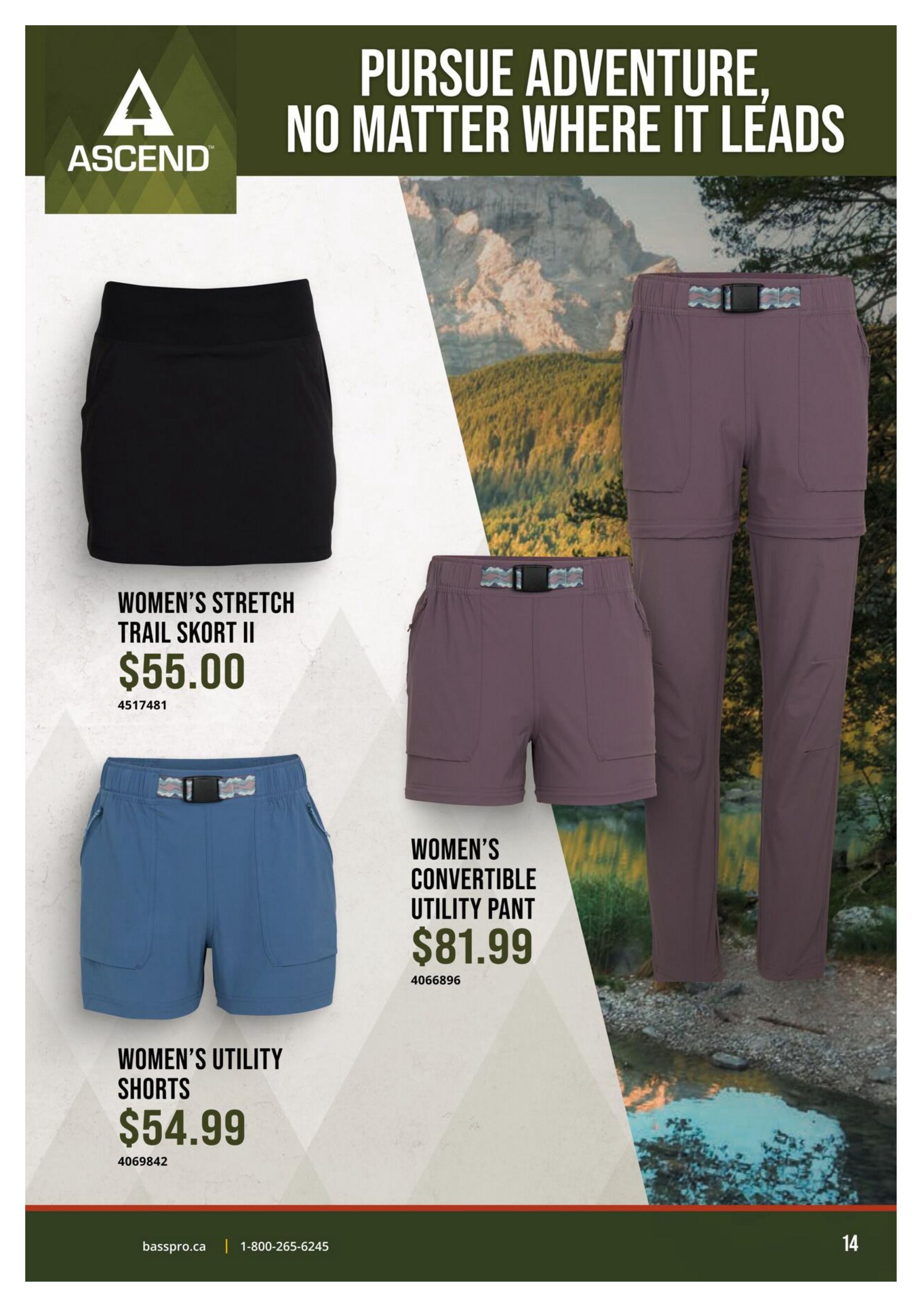 Cabela's Outdoor Adventure 2026 flyer, page 14. Features women's apparel for outdoor activities. Includes Women's Stretch Trail Skort II for $55.00, Women's Utility Shorts for $54.99, and Women's Convertible Utility Pant for $81.99. The page has a tagline 'Pursue Adventure, No Matter Where It Leads' and the Ascend brand logo.