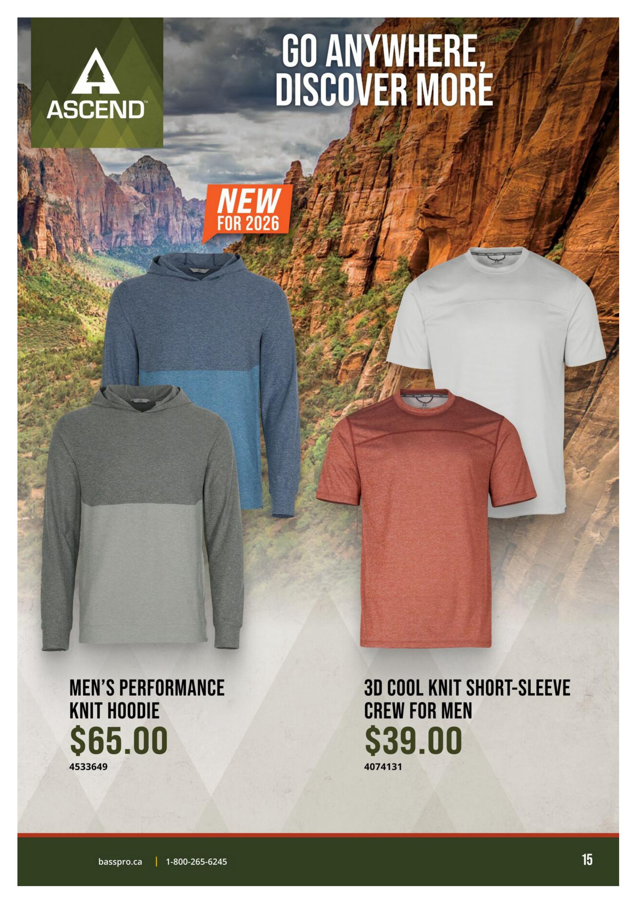 Cabela's flyer page featuring Ascend brand apparel. The page highlights a 'NEW FOR 2026' collection with the tagline 'GO ANYWHERE, DISCOVER MORE.' Featured items include the Men's Performance Knit Hoodie priced at $65.00 and the 3D Cool Knit Short-Sleeve Crew for Men priced at $39.00. The page also displays a light grey t-shirt and a blue and grey long-sleeve shirt.