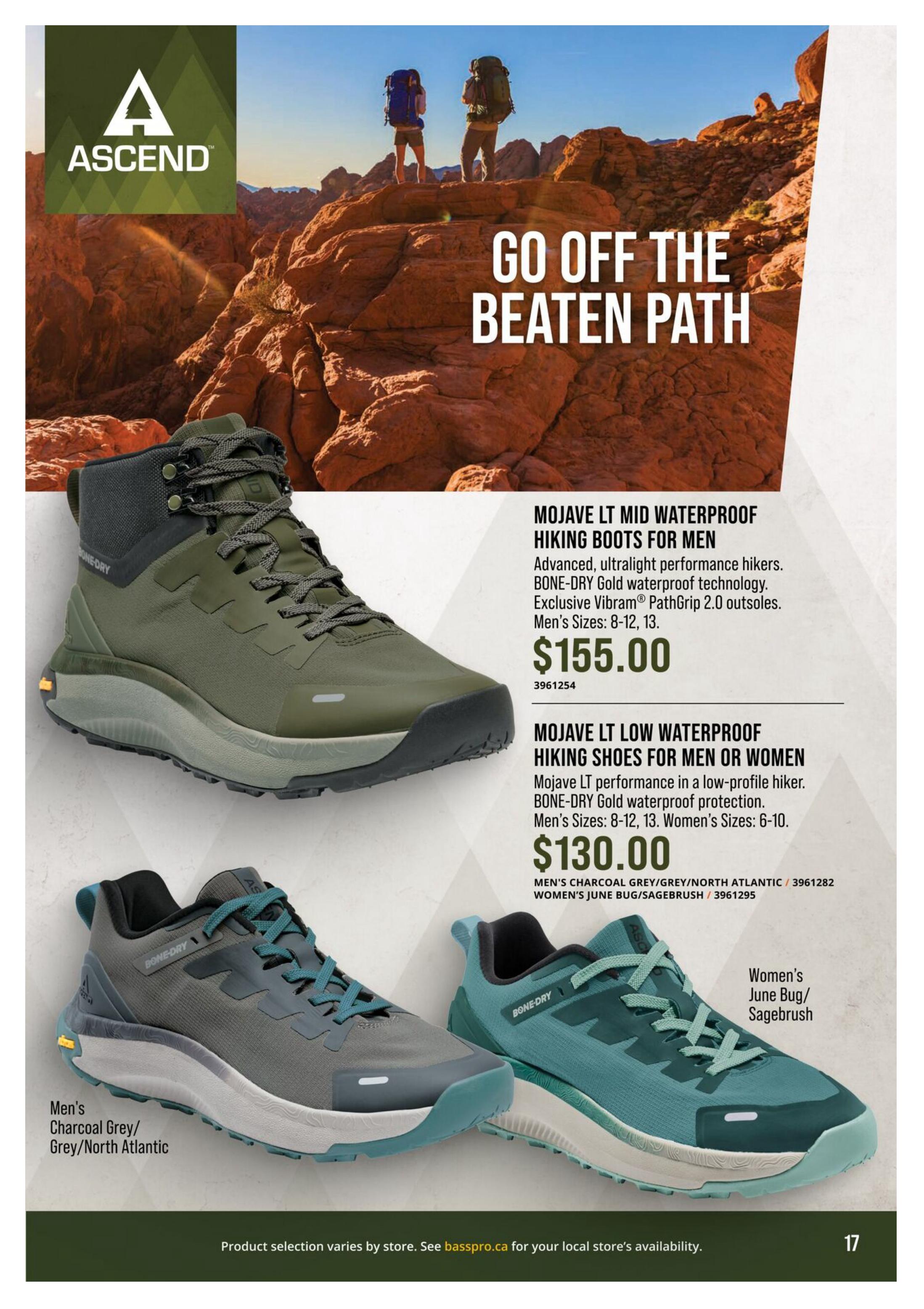 Cabela's Outdoor Adventure 2026 flyer, page 17. Features the Ascend brand with the slogan 'Go Off The Beaten Path'. Showcases the Mojave LT Mid Waterproof Hiking Boots for Men, described as advanced, ultralight performance hikers with BONE-DRY Gold waterproof technology and Vibram PathGrip 2.0 outsoles, available in Men's sizes 8-12, 13 for $155.00. Also features the Mojave LT Low Waterproof Hiking Shoes for Men or Women, offering low-profile BONE-DRY Gold waterproof protection. Available in Men's sizes 8-12, 13 and Women's sizes 6-10. The Men's version is in Charcoal Grey/Grey/North Atlantic for $130.00, and the Women's version is in June Bug/Sagebrush for $130.00. Product selection varies by store. Visit basspro.ca for local store availability.