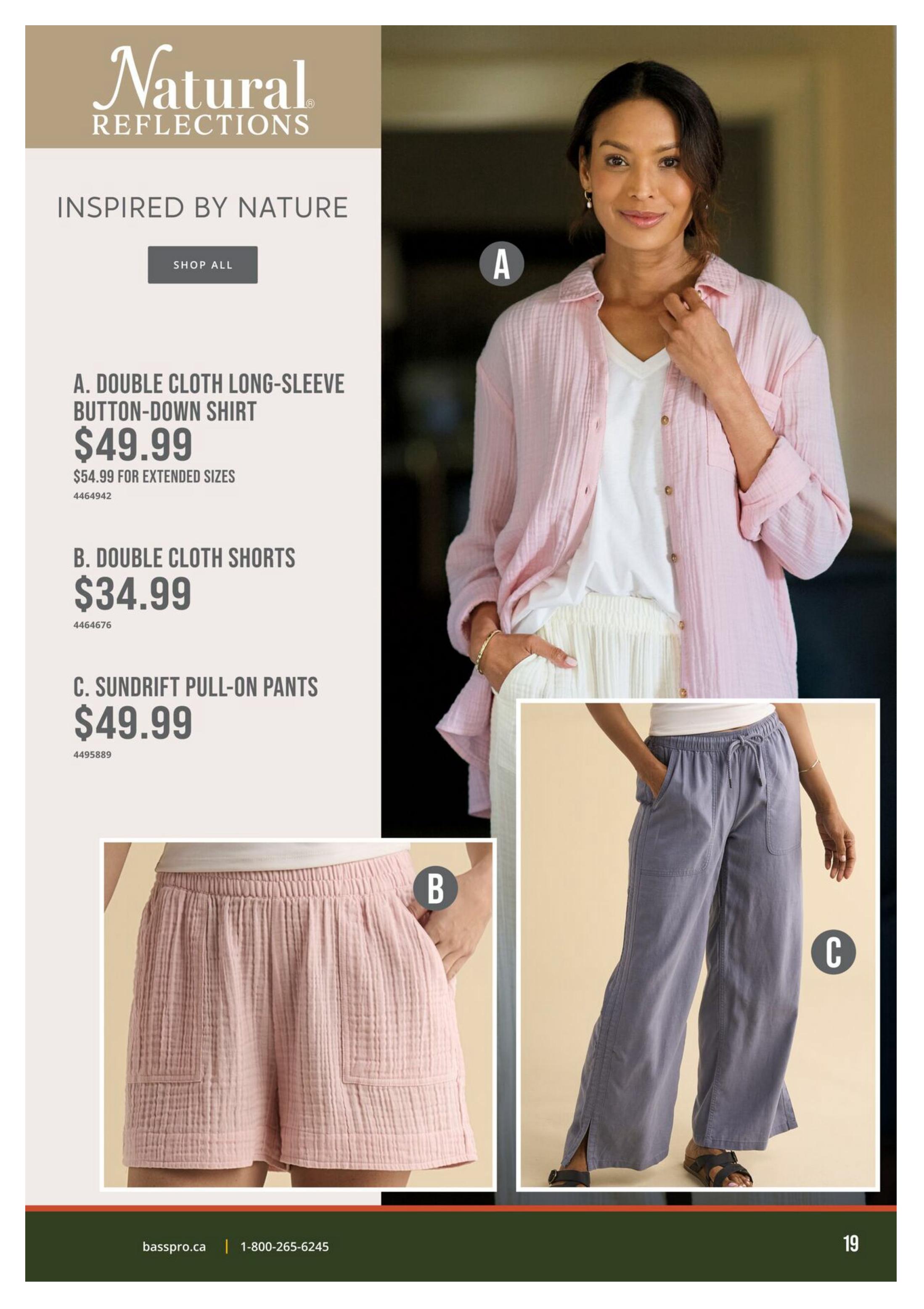 Page 19 of the Cabela's flyer featuring Natural Reflections apparel. Items include A. Double Cloth Long-Sleeve Button-Down Shirt for $49.99, with extended sizes available for $54.99. Also featured are B. Double Cloth Shorts for $34.99 and C. Sundrift Pull-On Pants for $49.99. The page includes a 'Shop All' button and 'Inspired by Nature' tagline.