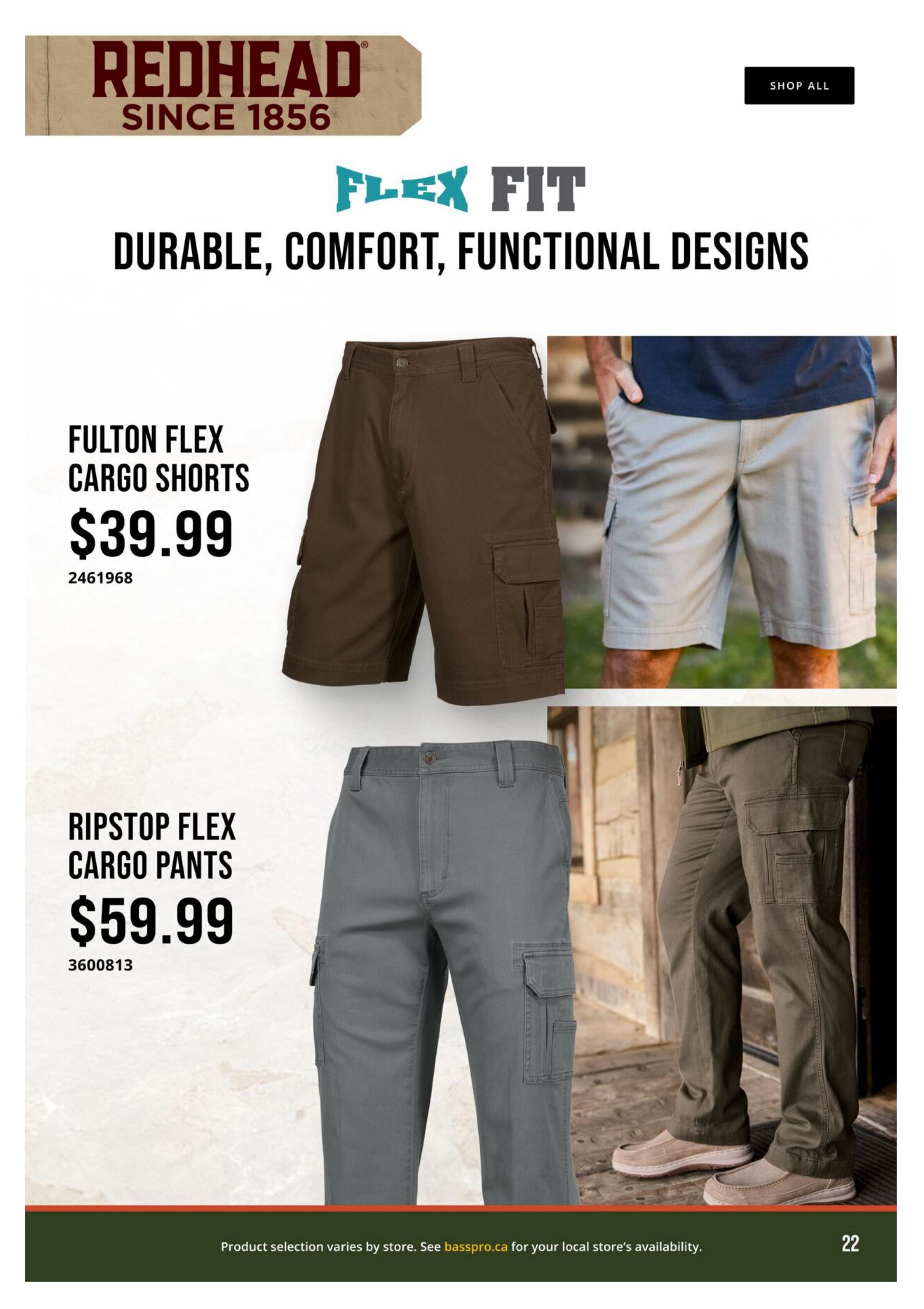 Cabela's flyer page 22 featuring Redhead brand apparel with Flex Fit technology. The page highlights Fulton Flex Cargo Shorts for $39.99 and Ripstop Flex Cargo Pants for $59.99. The text 'Durable, Comfort, Functional Designs' is prominently displayed. A 'Shop All' button is visible in the top right corner. The bottom of the page includes a note about product selection varying by store and directs customers to basspro.ca for local availability.