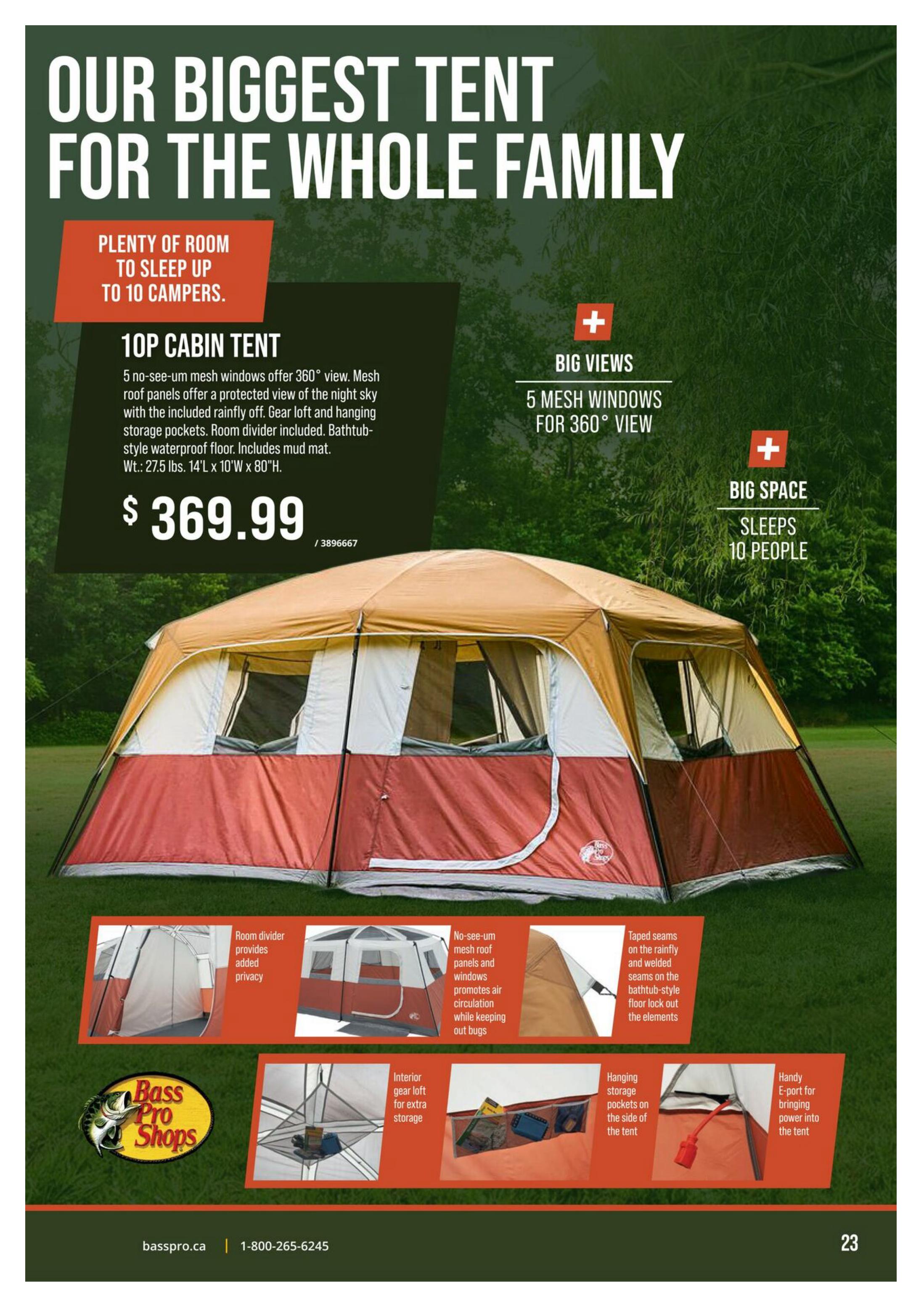 Cabela's Outdoor Adventure 2026 flyer, page 23. Features the 'Our Biggest Tent for the Whole Family' - a 10P Cabin Tent priced at $369.99. This tent offers plenty of room to sleep up to 10 campers, with 5 no-see-um mesh windows for 360-degree views and a rainfly. It includes a room divider for privacy, bathtub-style waterproof floor, mud mat, gear loft, and hanging storage pockets. Taped and welded seams on the rainfly and floor help keep out the elements. The tent weighs 27.5 lbs and measures 14'L x 10'W x 80'H. Additional features highlighted include 'Big Views' with 5 mesh windows and 'Big Space' that sleeps 10 people. The page also shows a handy E-port for bringing power into the tent. Bass Pro Shops logo is visible. The flyer is valid from 2026-05-04 to 2026-06-04.