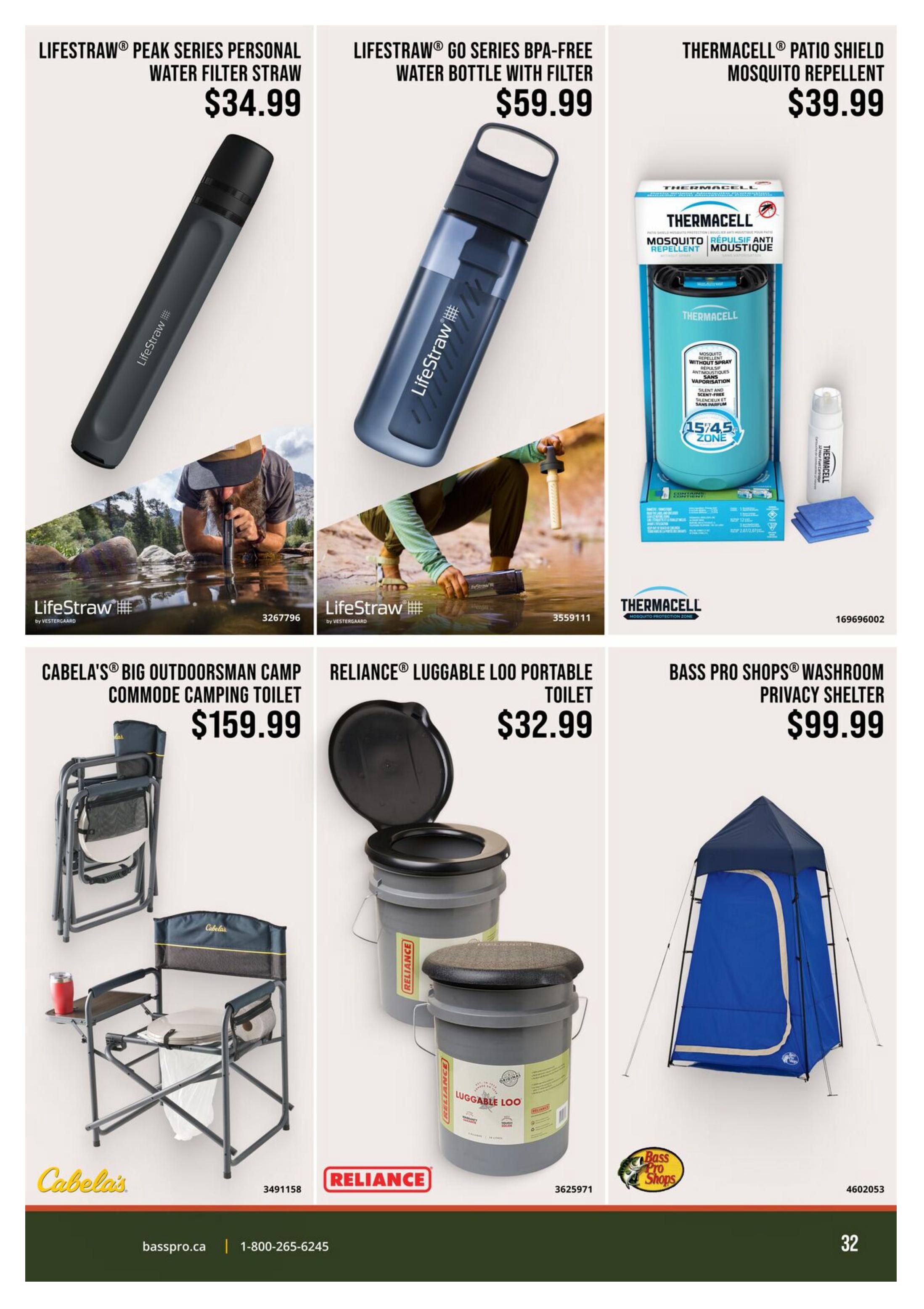 Page 32 of the Cabela's flyer features outdoor essentials. Top row includes Lifestraw Peak Series Personal Water Filter Straw for $34.99, Lifestraw Go Series BPA-Free Water Bottle with Filter for $59.99, and Thermacell Patio Shield Mosquito Repellent for $39.99. Bottom row showcases Cabela's Big Outdoorsman Camp Commode Camping Toilet for $159.99, Reliance Luggable Loo Portable Toilet for $32.99, and Bass Pro Shops Washroom Privacy Shelter for $99.99.