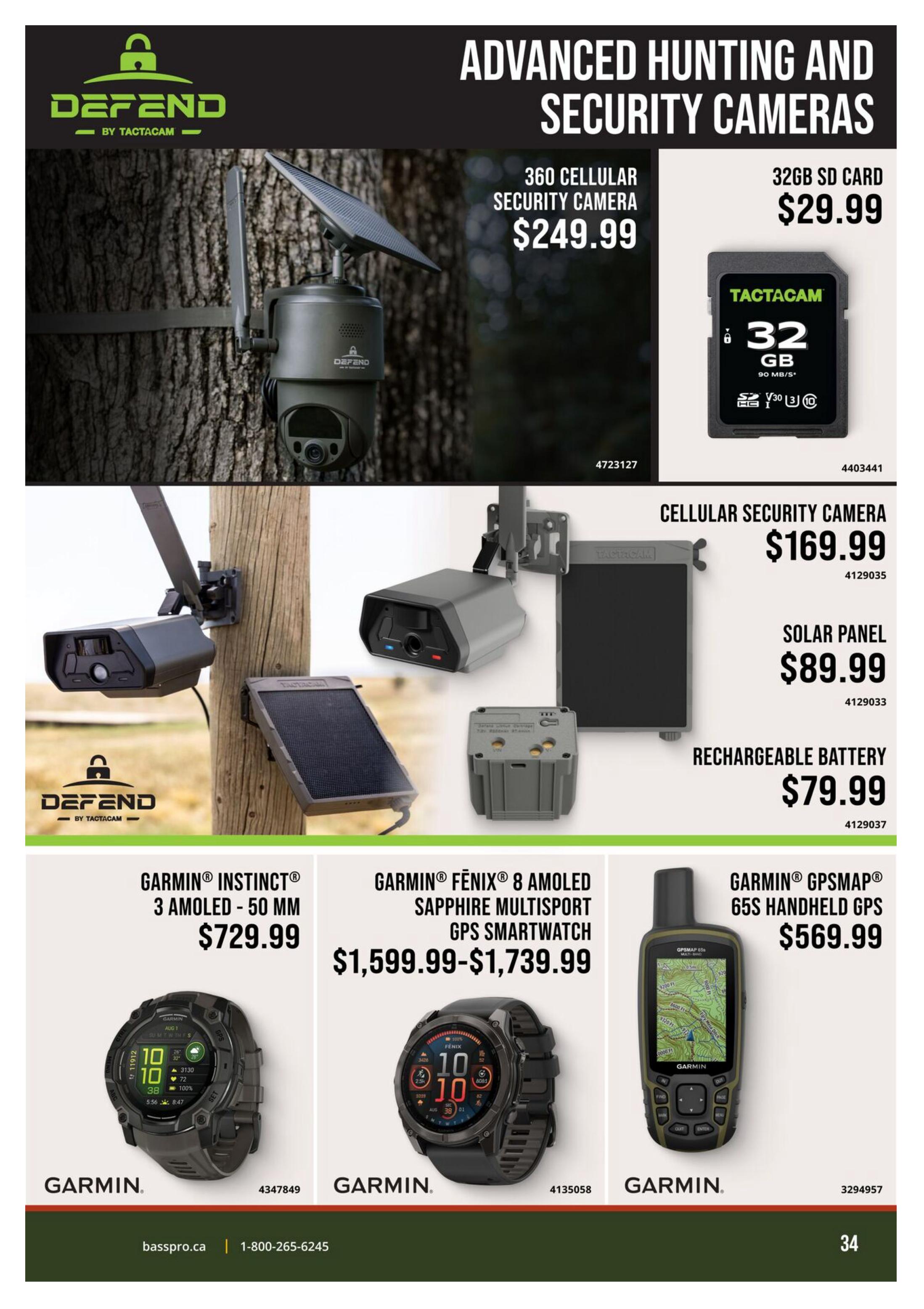 Cabela's flyer page 34 features advanced hunting and security cameras. A Defend by Tactacam 360 Cellular Security Camera is priced at $249.99. A Tactacam 32GB SD card is available for $29.99. Also shown is a Cellular Security Camera for $169.99, a Solar Panel for $89.99, and a Rechargeable Battery for $79.99. Garmin products include the Garmin Instinct 3 AMOLED - 50 MM watch for $729.99, the Garmin Fenix 8 AMOLED Sapphire Multisport GPS Smartwatch ranging from $1,599.99 to $1,739.99, and the Garmin GPSMAP 65s Handheld GPS for $569.99.