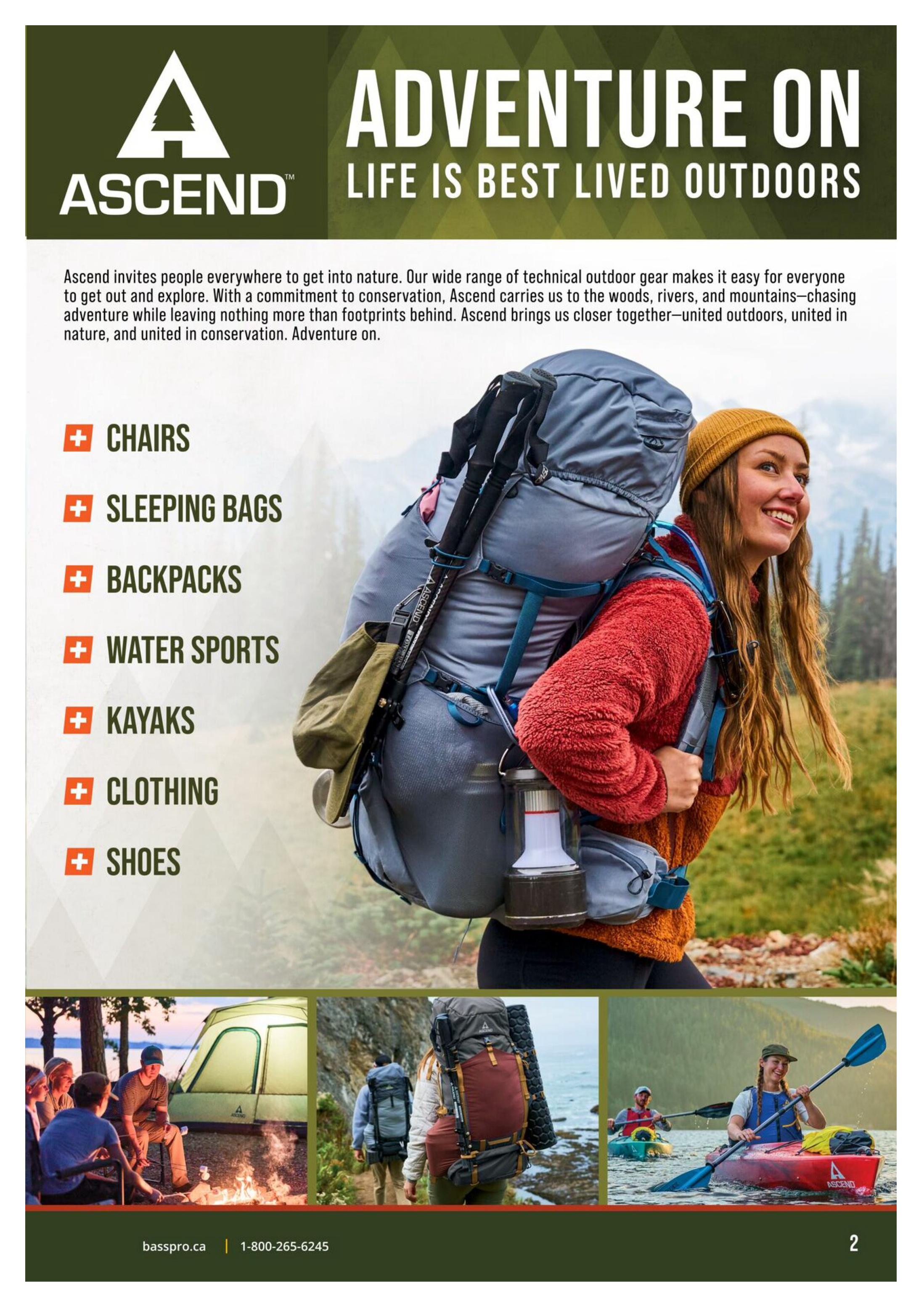 Bass Pro Shops flyer, page 2. Features the Ascend brand with the tagline 'Adventure On: Life is Best Lived Outdoors'. The page highlights Ascend's range of technical outdoor gear for activities like camping, hiking, and water sports. Categories listed include Chairs, Sleeping Bags, Backpacks, Water Sports, Kayaks, Clothing, and Shoes. The main image shows a smiling woman wearing a backpack and outdoor clothing. Smaller inset images depict a group camping around a campfire, hikers on a trail, and people kayaking. The flyer includes contact information: basspro.ca and 1-800-265-6245.