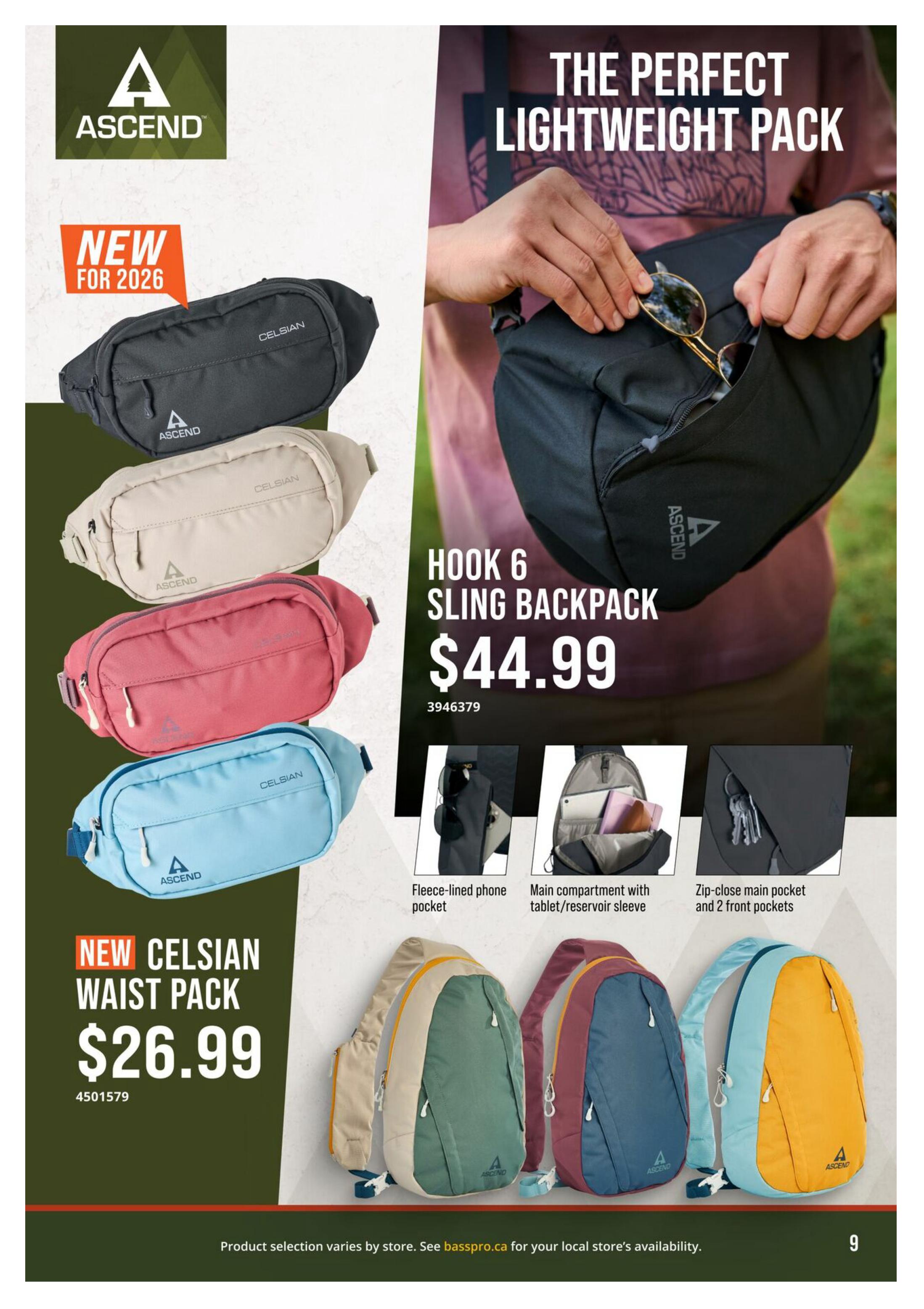Bass Pro Shops flyer page 9 features Ascend brand lightweight packs. The Hook 6 Sling Backpack is priced at $44.99 and is described as the perfect lightweight pack, with features including a fleece-lined phone pocket, a main compartment with a tablet/reservoir sleeve, and a zip-close main pocket with two front pockets. Also new for 2026 is the Ascend Celsian Waist Pack, available for $26.99. The page also showcases various colours of Ascend backpacks and waist packs.