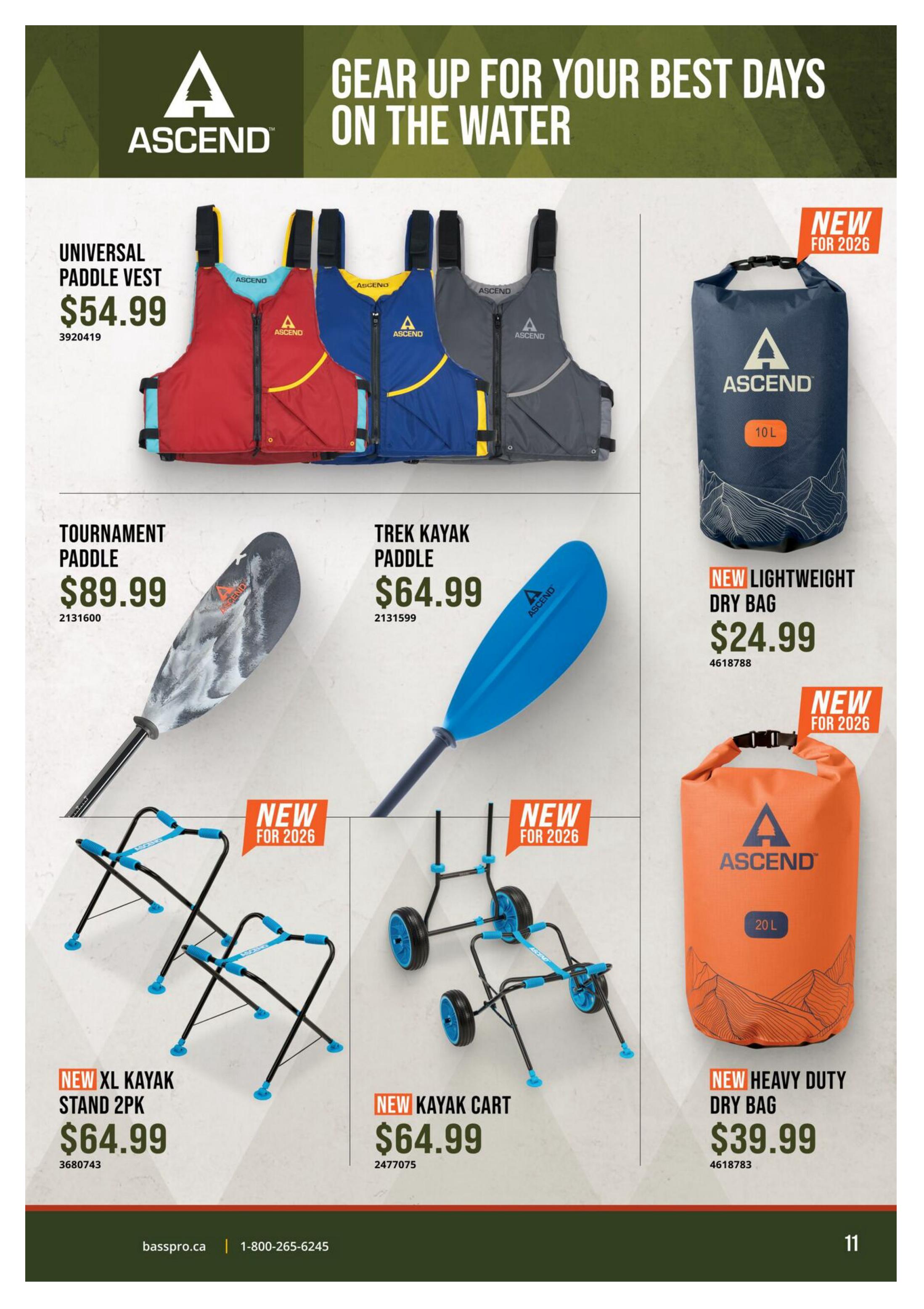 Bass Pro Shops flyer, page 11, featuring Ascend gear for water adventures. Products include the Universal Paddle Vest for $54.99, a Tournament Paddle for $89.99, and a Trek Kayak Paddle for $64.99. Also available are a new 10 L Lightweight Dry Bag for $24.99, a new XL Kayak Stand 2pk for $64.99, a new Kayak Cart for $64.99, and a new Heavy Duty Dry Bag for $39.99. All items are new for 2026.